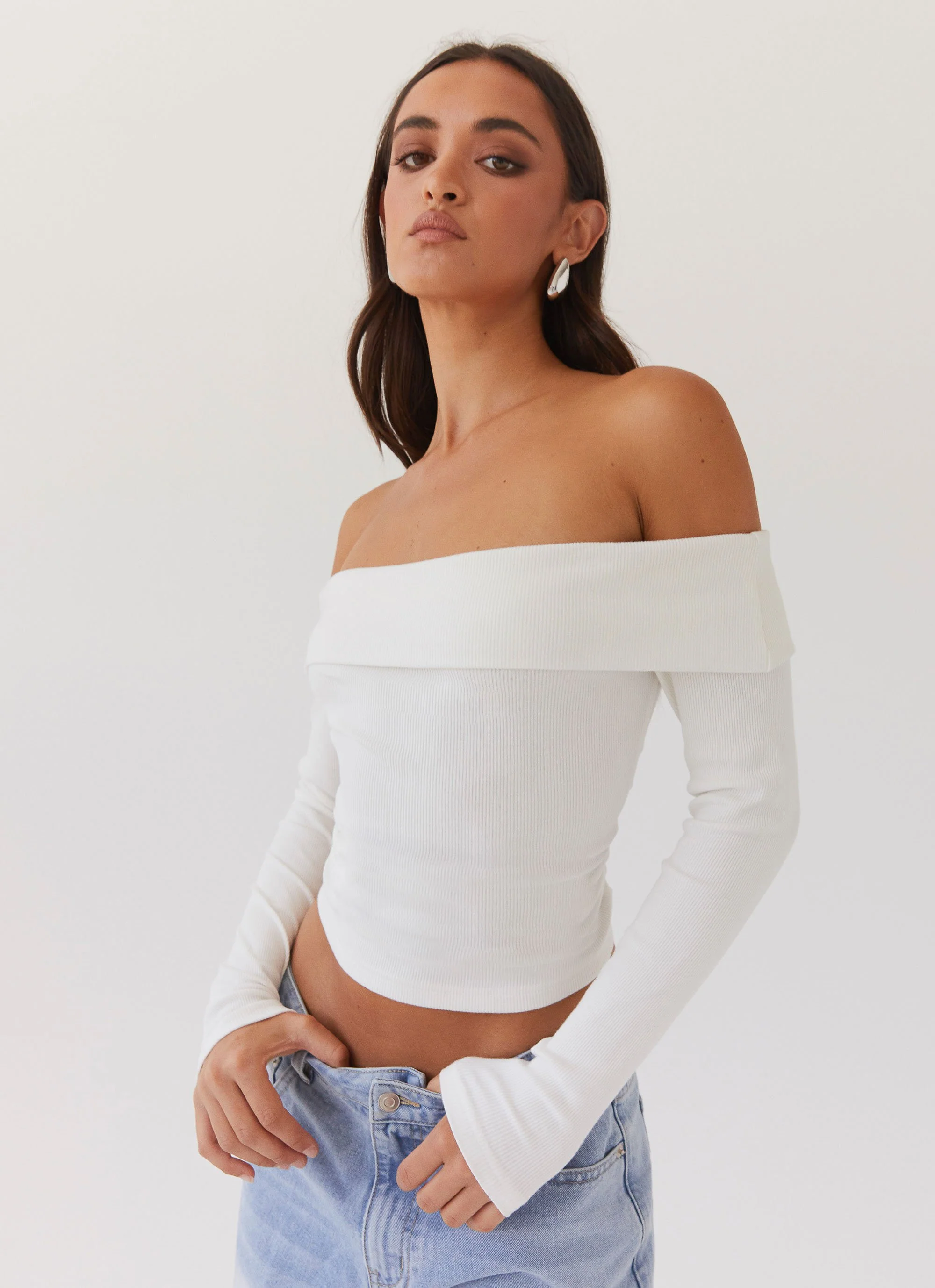 Hayley Long Sleeve Ribbed Top - White