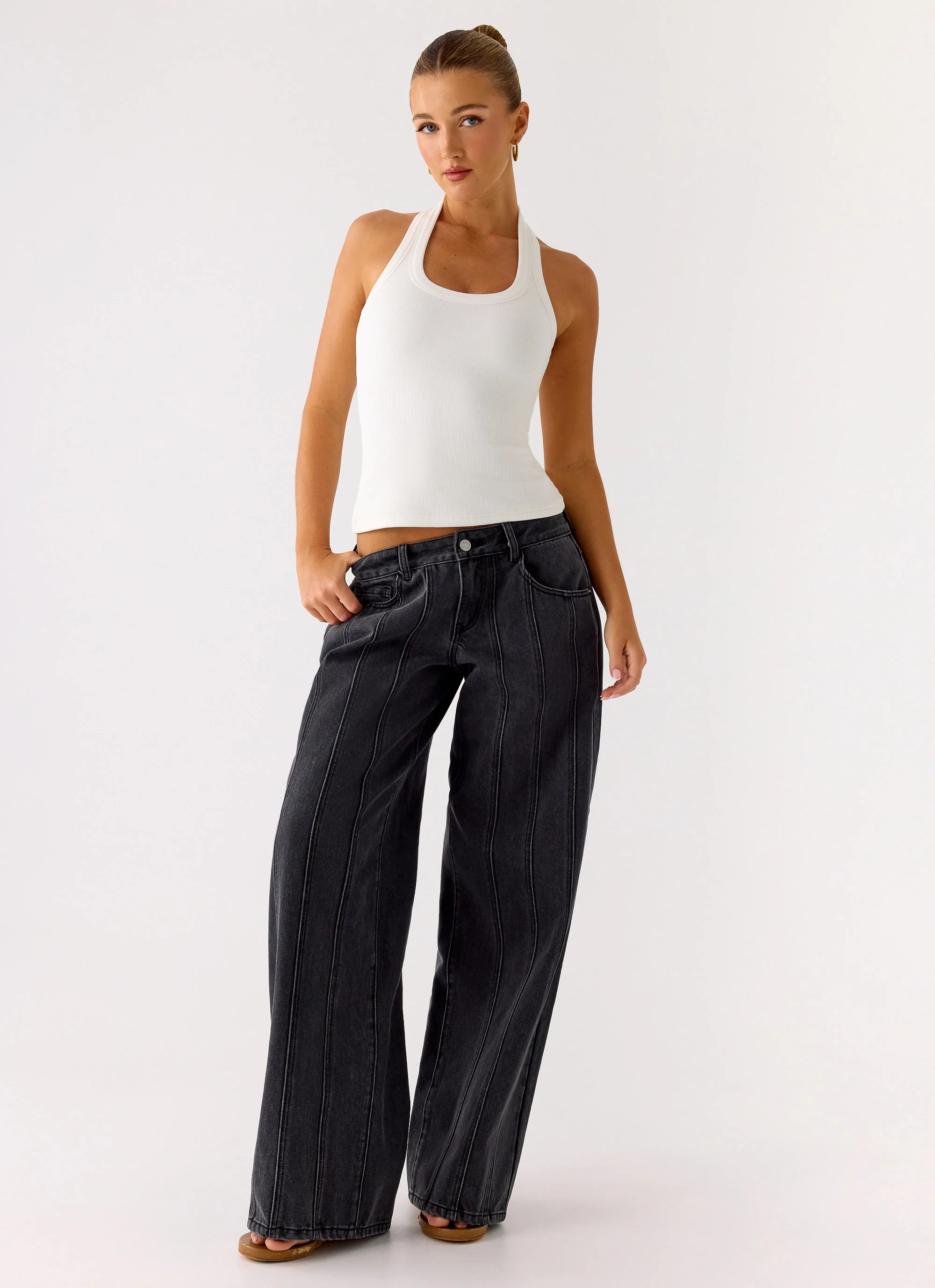 Johnny Low Rise Wide Leg Jeans - Grey Charcoal