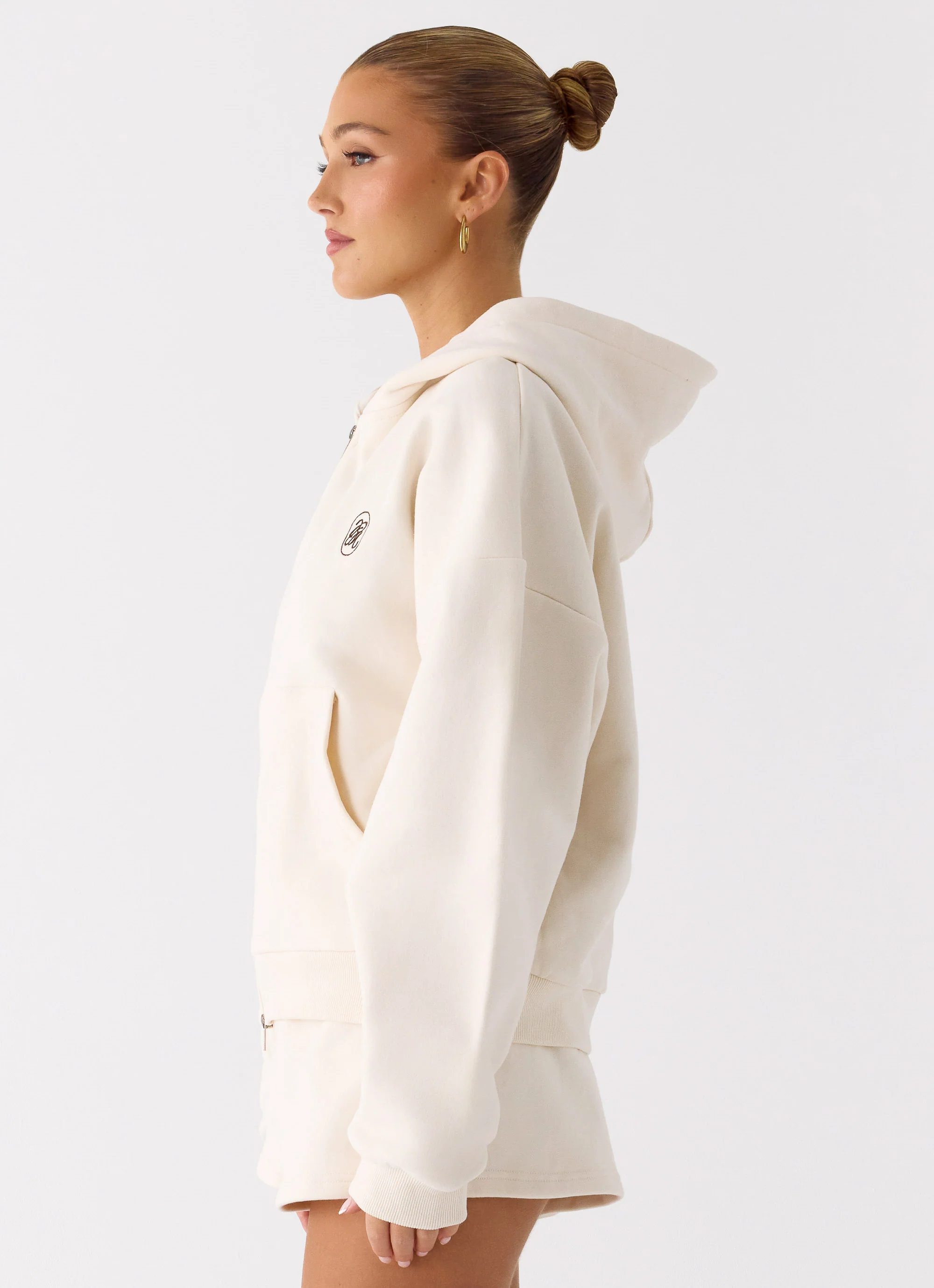 Signature Double Zip Up Hoodie - Cream
