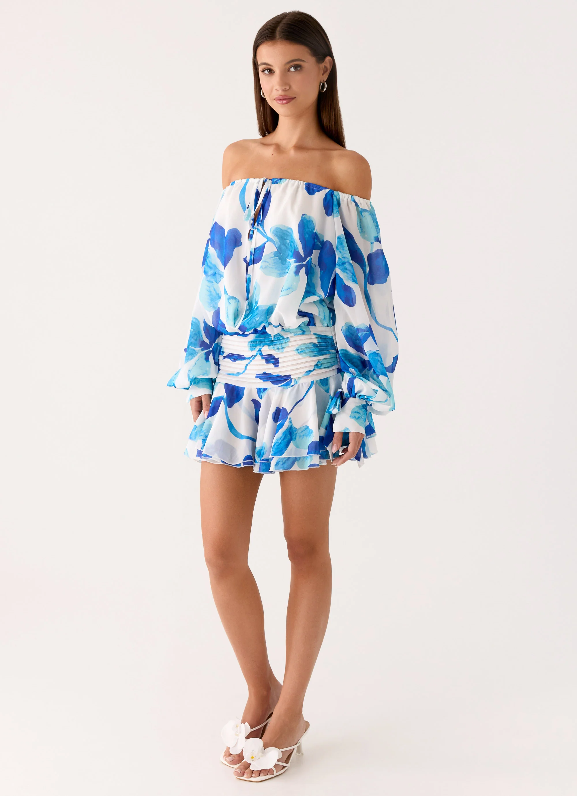Eira Balloon Sleeve Mini Dress - Cerulean Bloom