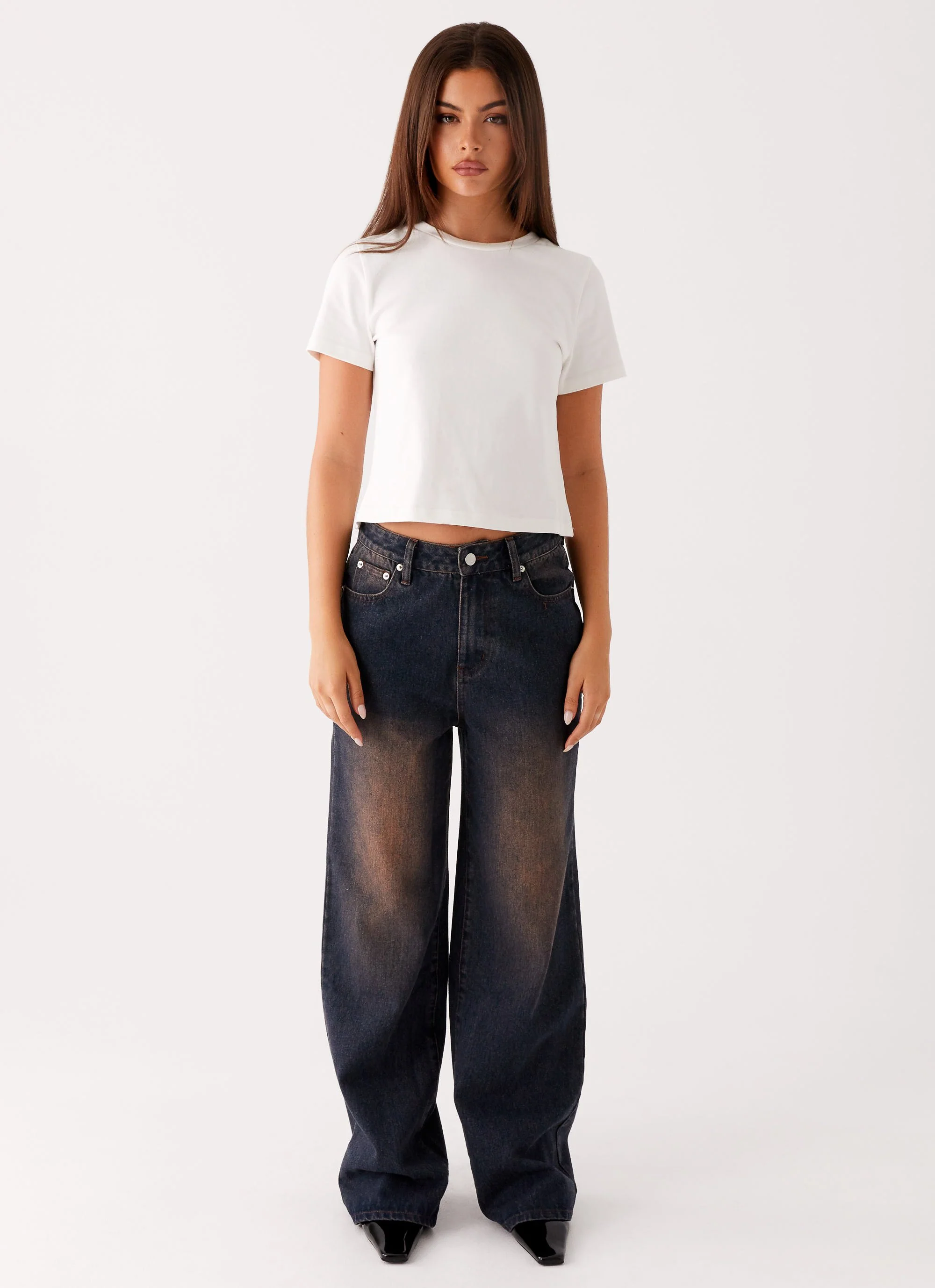 Back Again Straight Leg Denim Jeans - Brown Blue Acid Wash