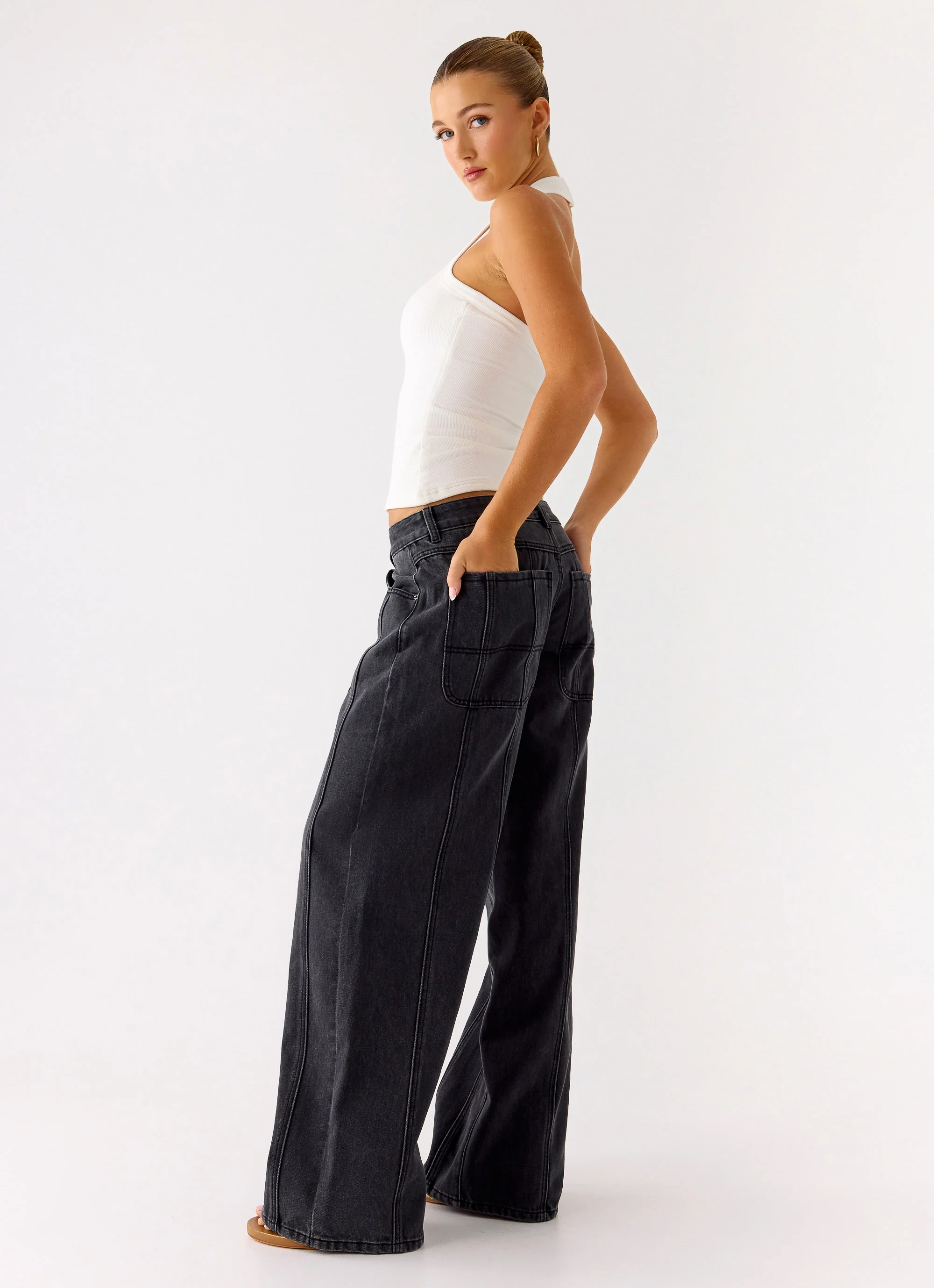 Johnny Low Rise Wide Leg Jeans - Grey Charcoal