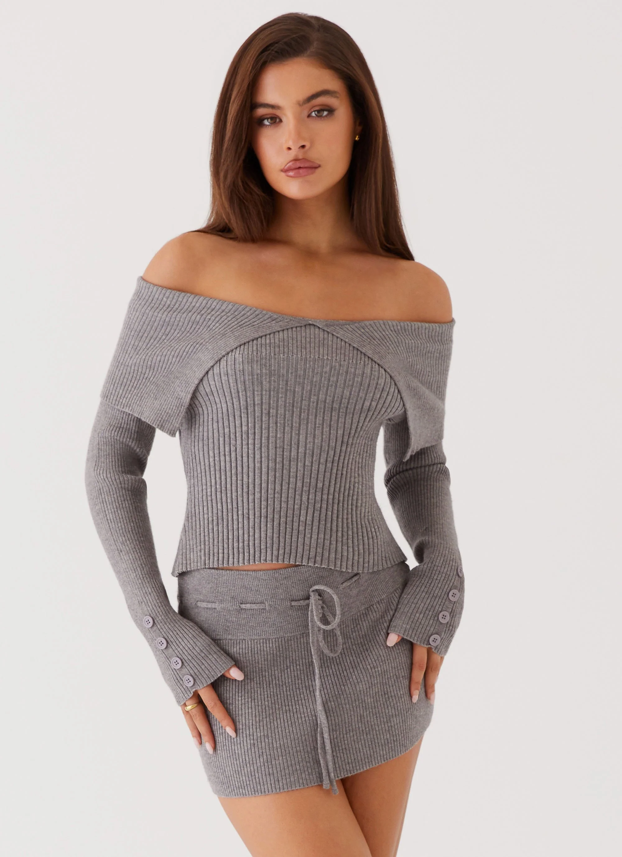 Frankie Arrow Knit Long Sleeve Top - Charcoal