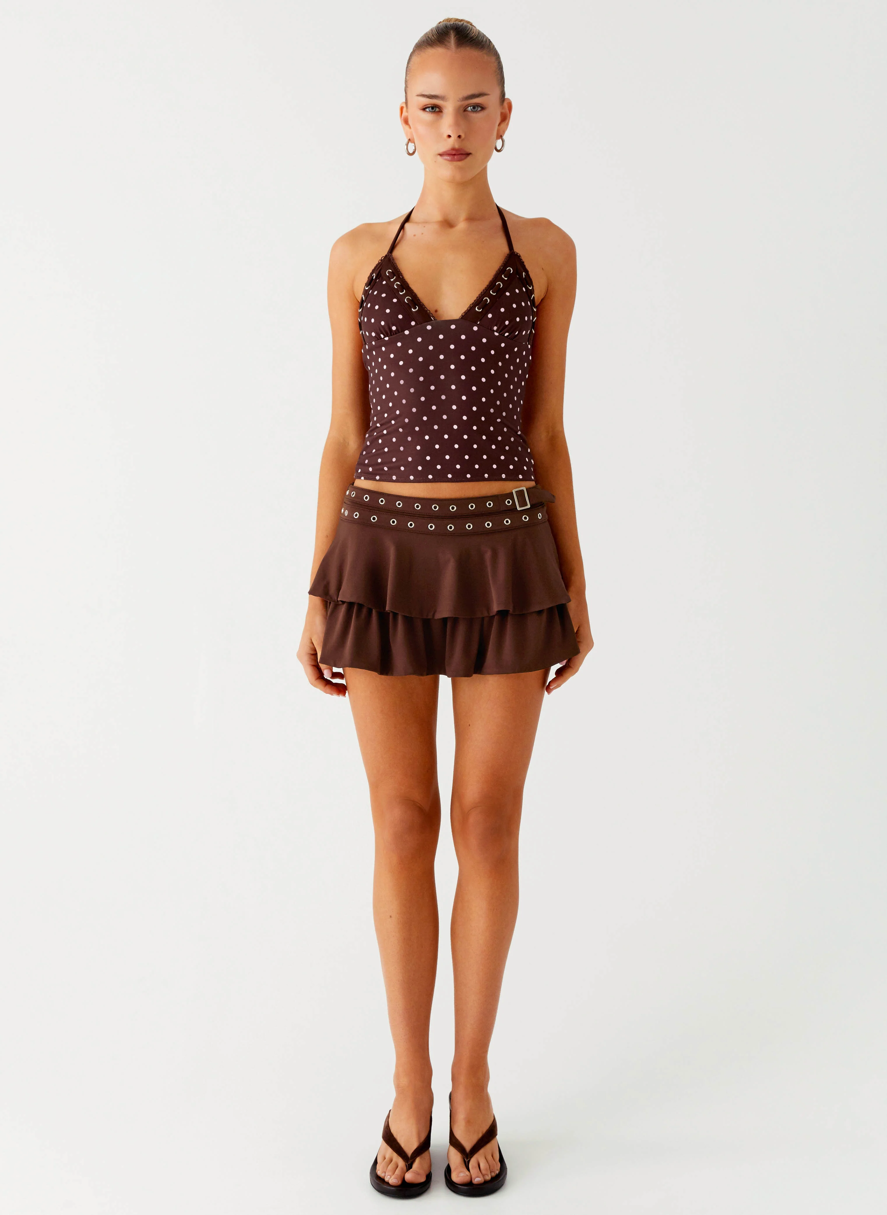 Bahama Eyelet Lace Up Top - Chocolate Strawberry Dot