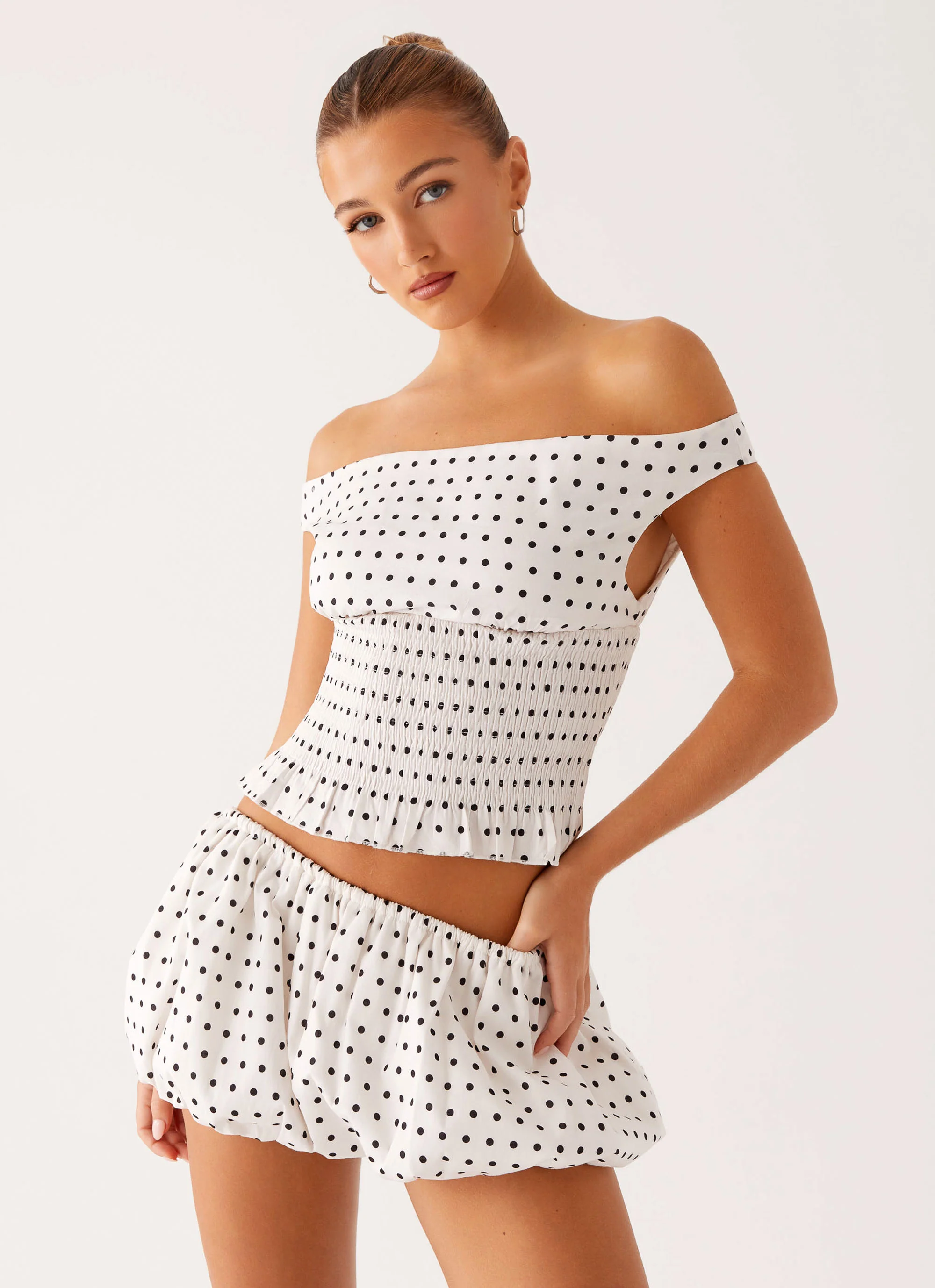 Heather Off Shoulder Top - White Black Polka Dot