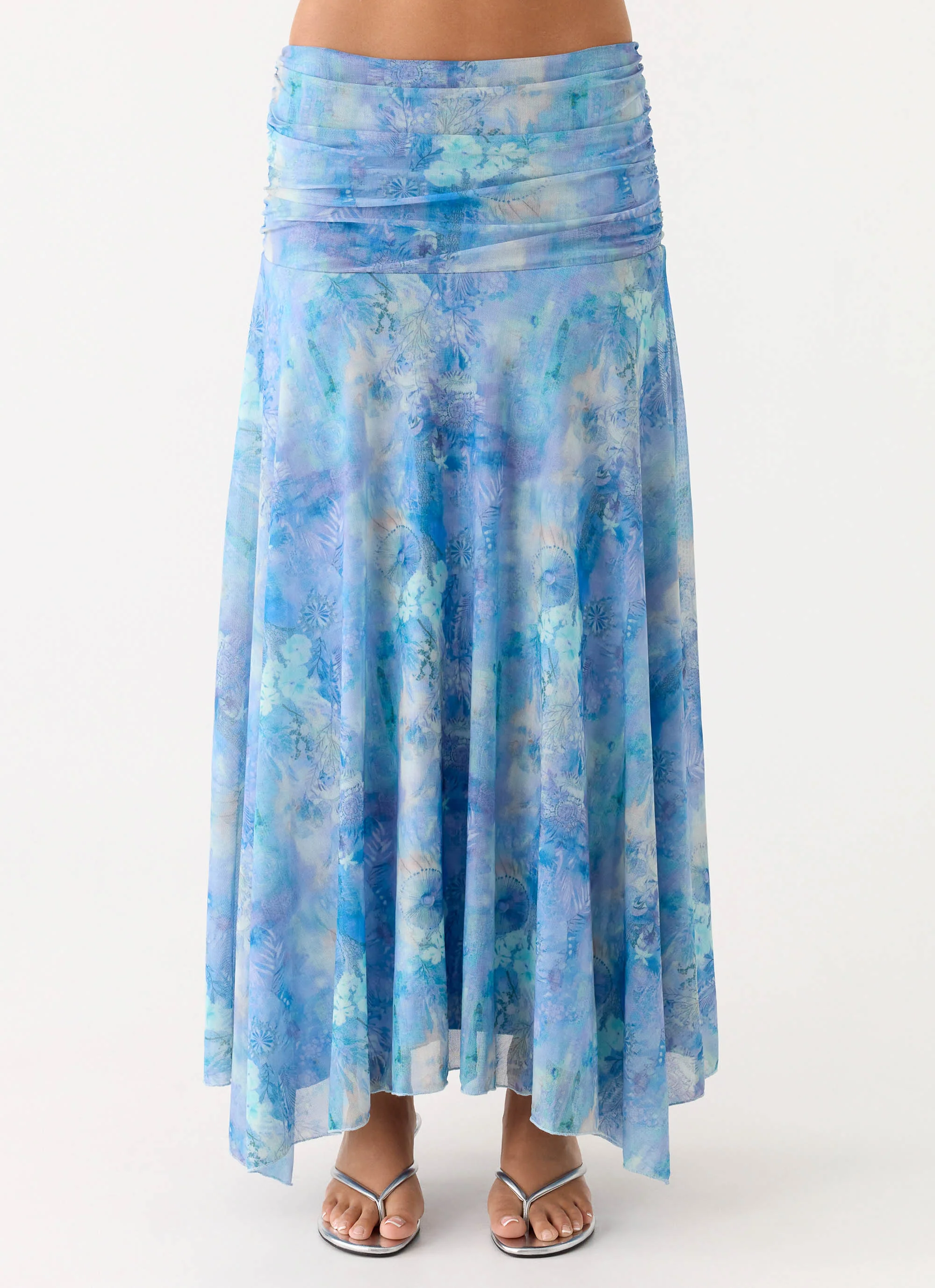 Liana Ruched Maxi Skirt - Aqua Paisley