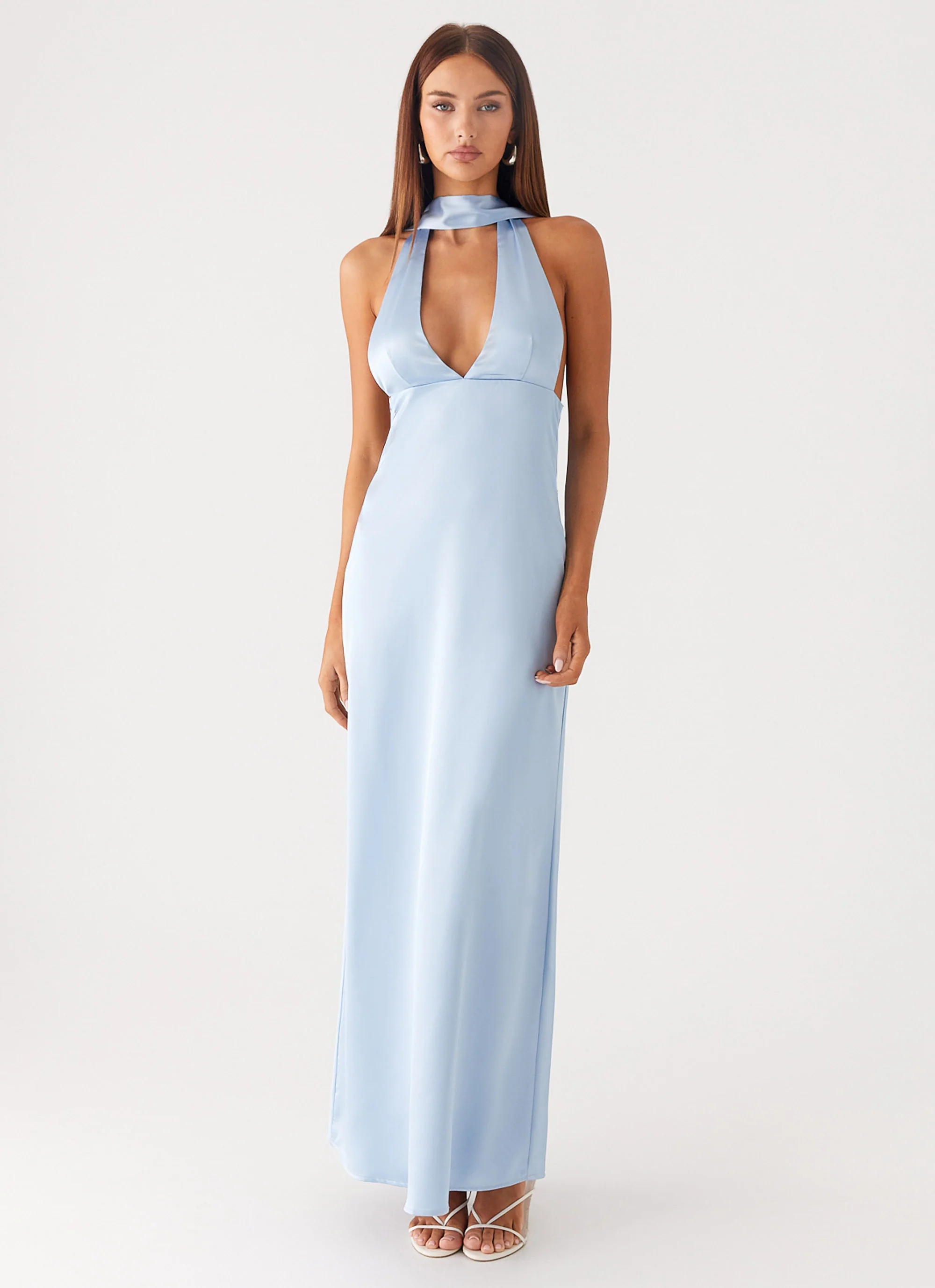 Alicia Satin Halter Maxi Dress - Baby Blue