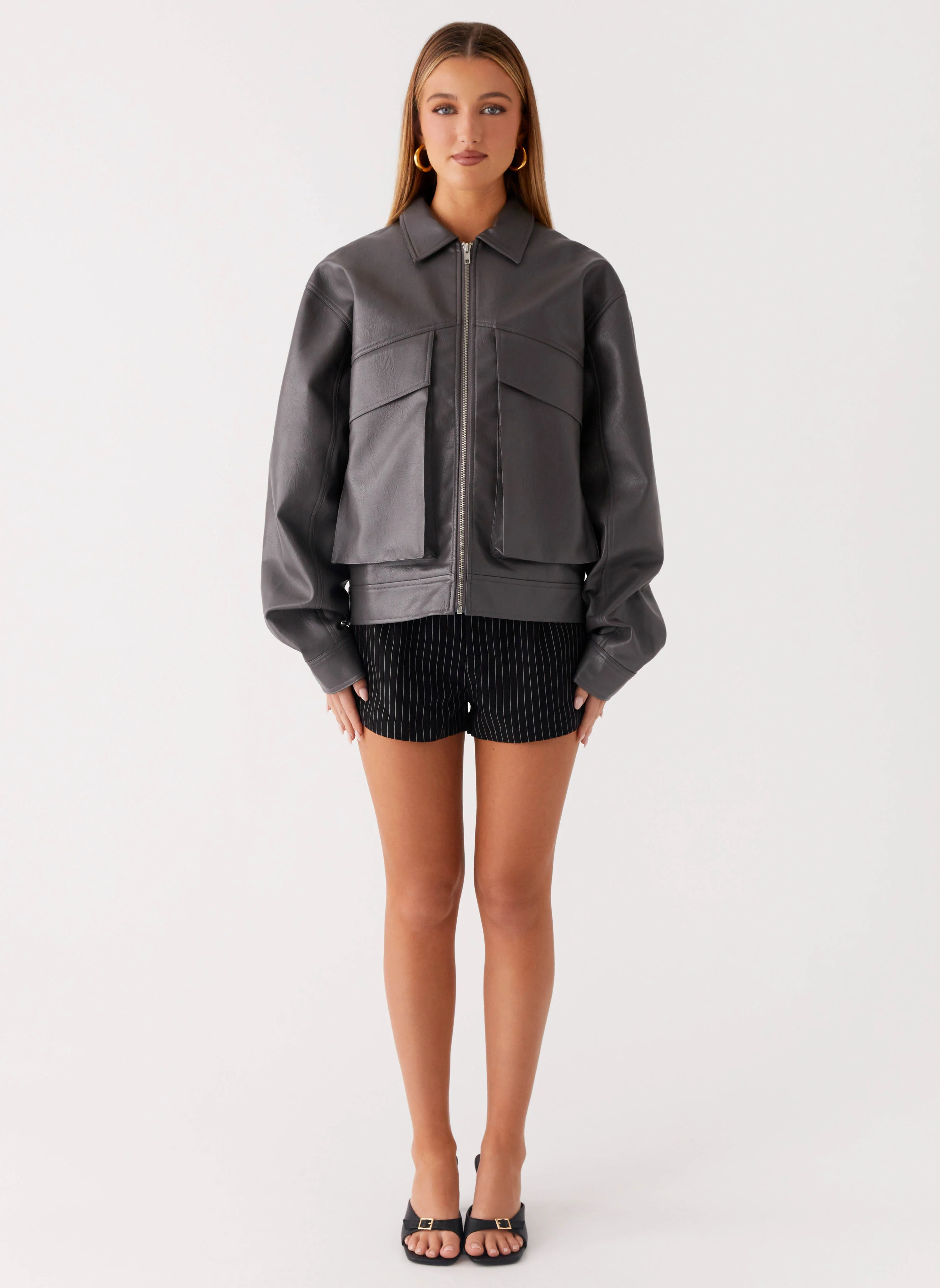Lula Faux Leather Bomber Jacket - Charcoal