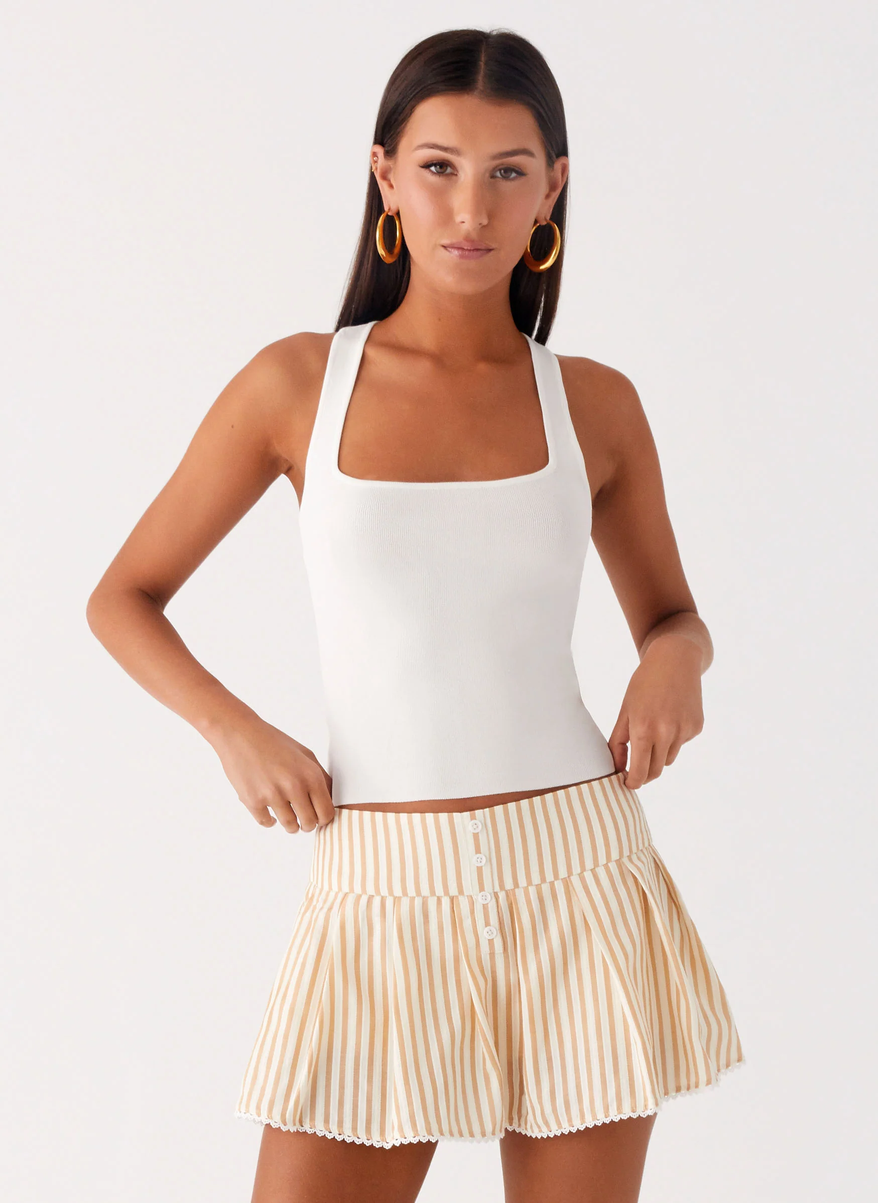 Oliviana Pleated Mini Skort - Taupe Stripe