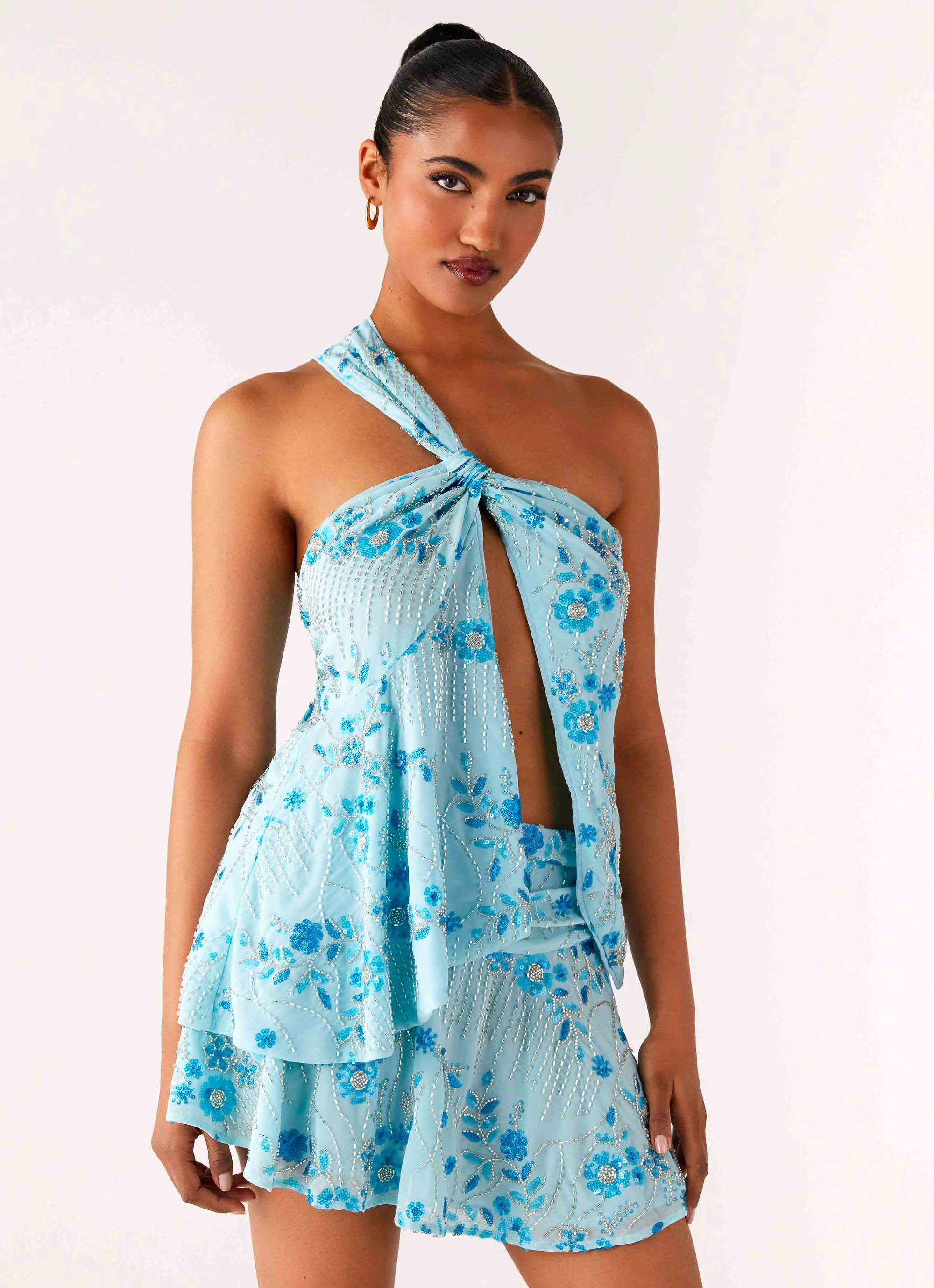 Delight Me Beaded Asymmetrical Top - Blue