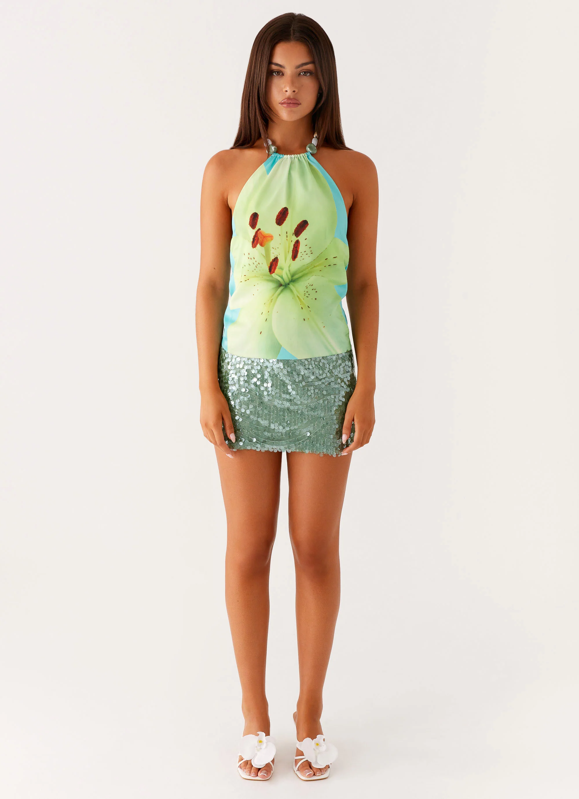 Dalila Beaded Tie Back Top - Turquoise Floral