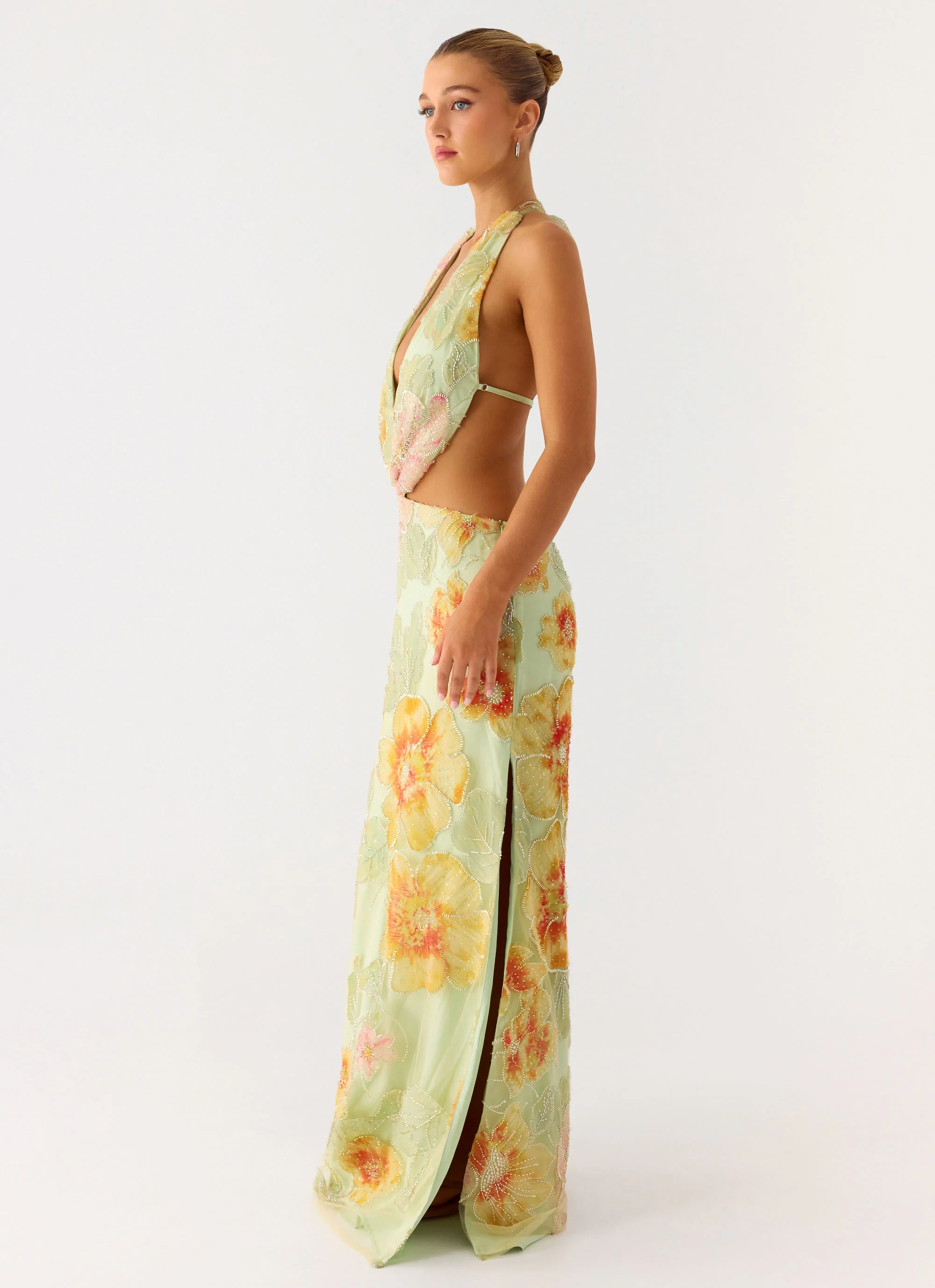 Really Something Beaded Maxi Dress - Green Floral Beaded