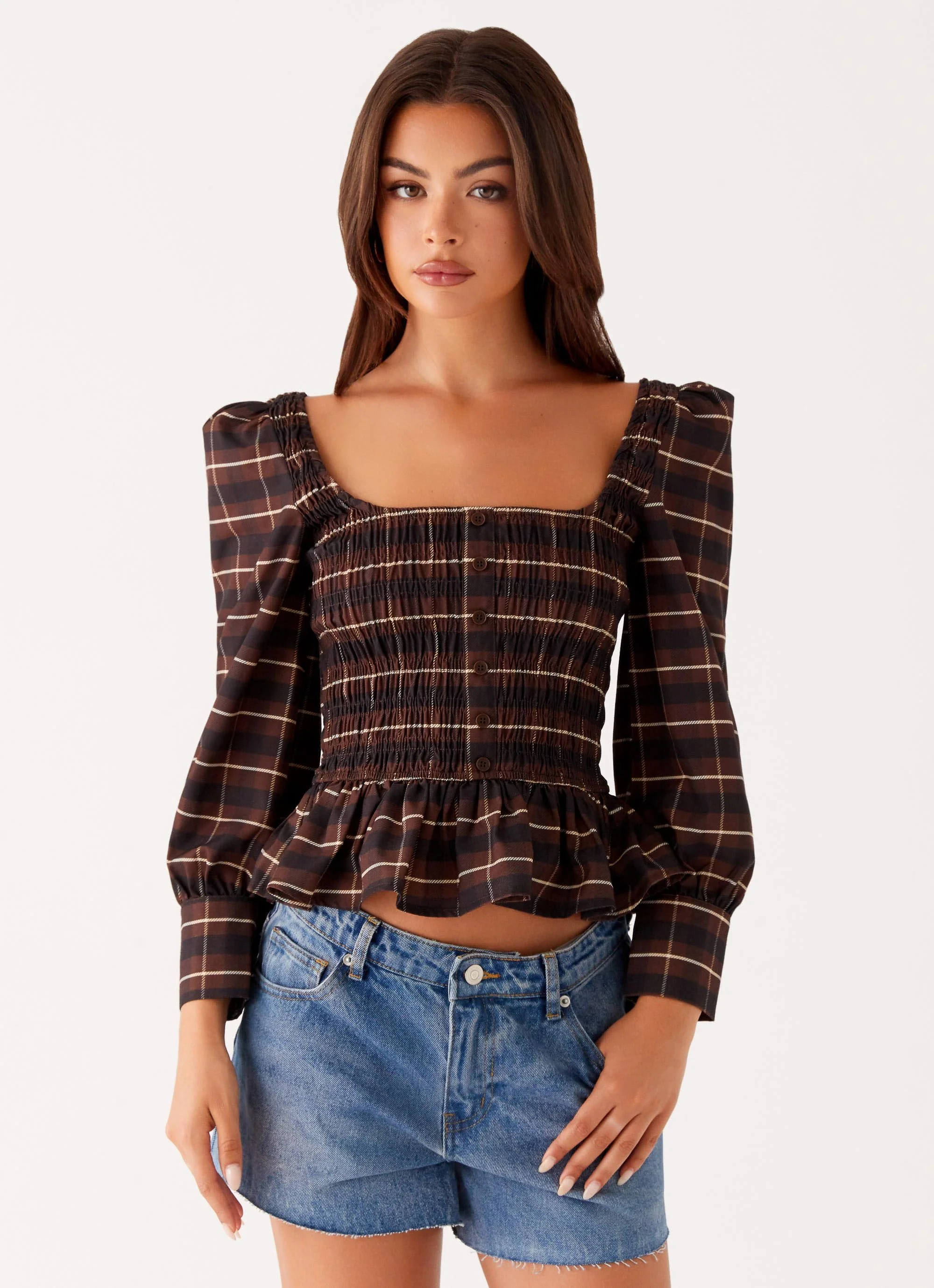 Joyce Long Sleeve Cotton Shirred Top - Chocolate Check