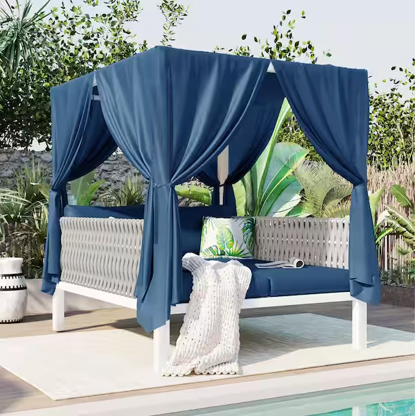 Beige Metal Outdoor Day Bed with Beige Curtains Beige Cushions Suitable for Multiple Scenarios