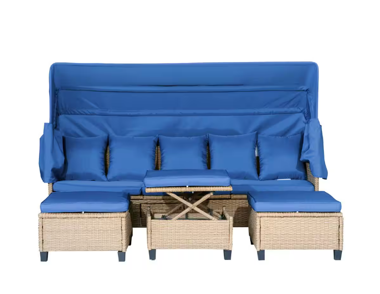 4-piece UV-resistant resin wicker outdoor sofa bed, 3 reclining positions, with cushions and retractable canopy