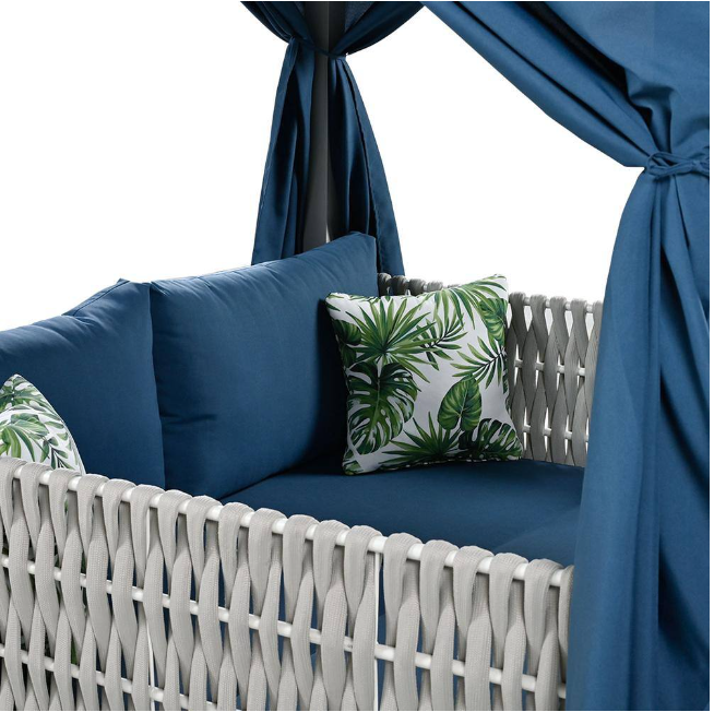Beige Metal Outdoor Day Bed with Beige Curtains Beige Cushions Suitable for Multiple Scenarios