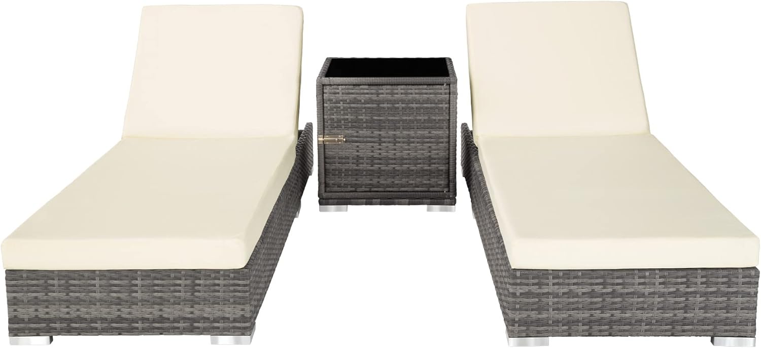 TecTake 403088 Set of 2 Aluminium Polyrattan Sun Lounger + Table incl. Protective covers and 2 cover sets. stainless steel screws. grey