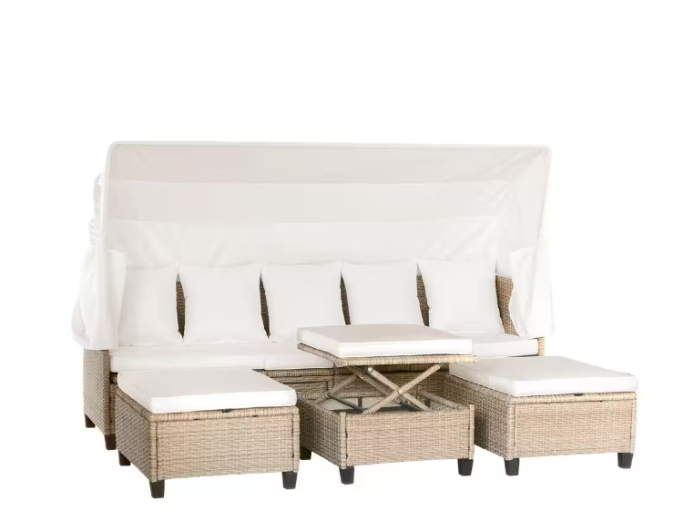 4-piece UV-resistant resin wicker outdoor sofa bed, 3 reclining positions, with cushions and retractable canopy