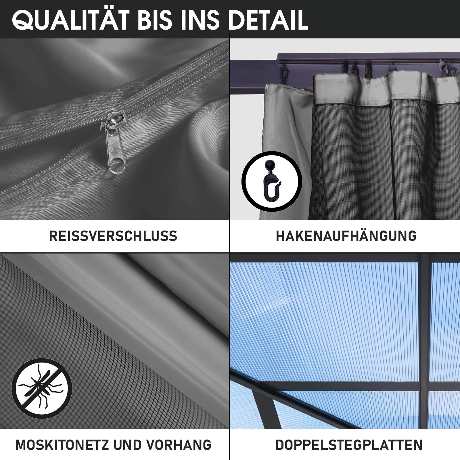BRAST Alu Pavillon PAGODE 3.5x3.5m dunkelgrau mit Moskitonetz