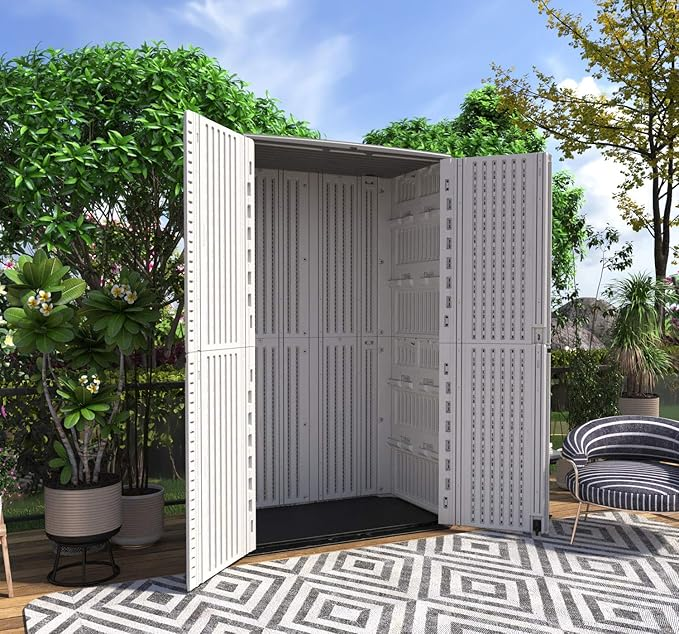 HOMSPARK Cobertizo de almacenamiento vertical resistente a la intemperie, gabinete de almacenamiento al aire libre de doble capa multiusos para patios traseros y accesorios de patios, (50 pulgadas de largo x 29 pulgadas de ancho x 82 pulgadas de alto