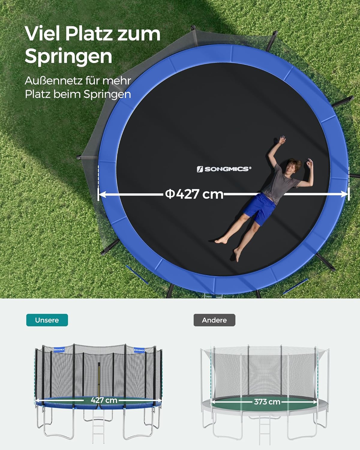 SONGMICS Trampolin Outdoor Ø 427 cm. rundes Gartentrampolin mit Randabdeckung. mit Sicherheitsnetz. mit Leiter und gepolsterten Stangen