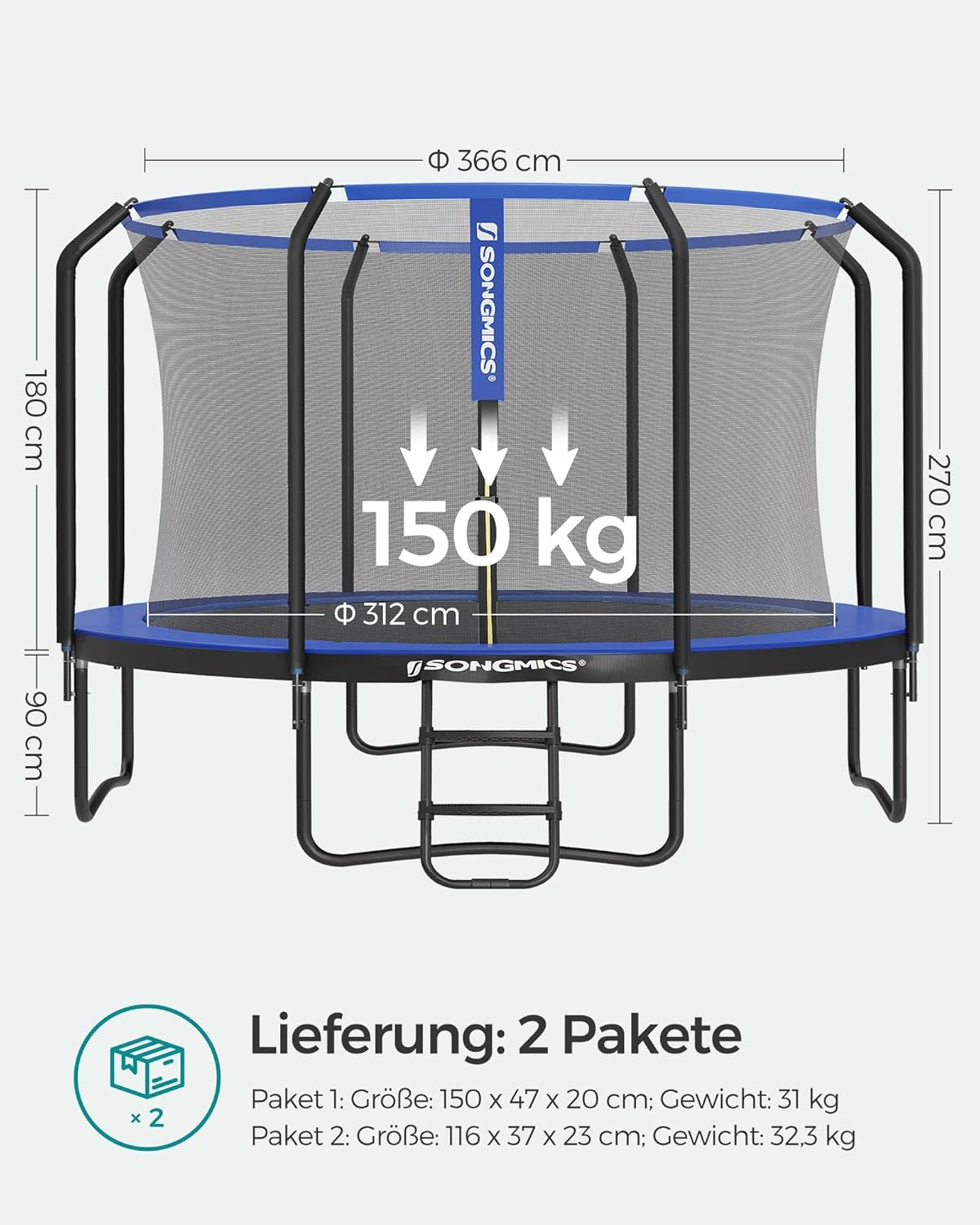 SONGMICS Trampolin Outdoor Ø 366 cm. rundes Gartentrampolin mit Sicherheitsnetz und Leiter. Randabdeckung. gepolstertes Gestell. für Kinder
