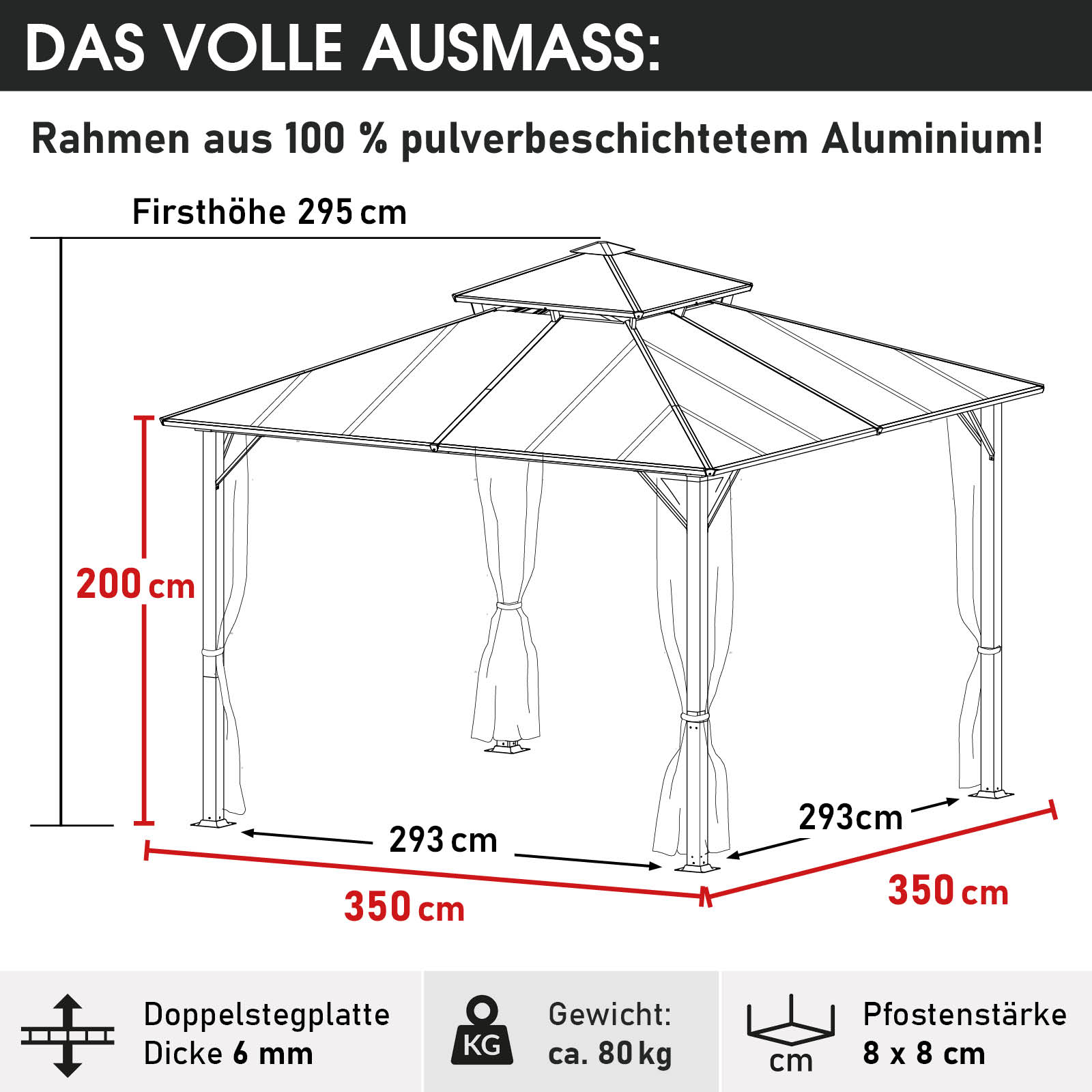 BRAST Alu Pavillon PAGODE 3.5x3.5m beige mit Moskitonetz & LED-Beleuchtung