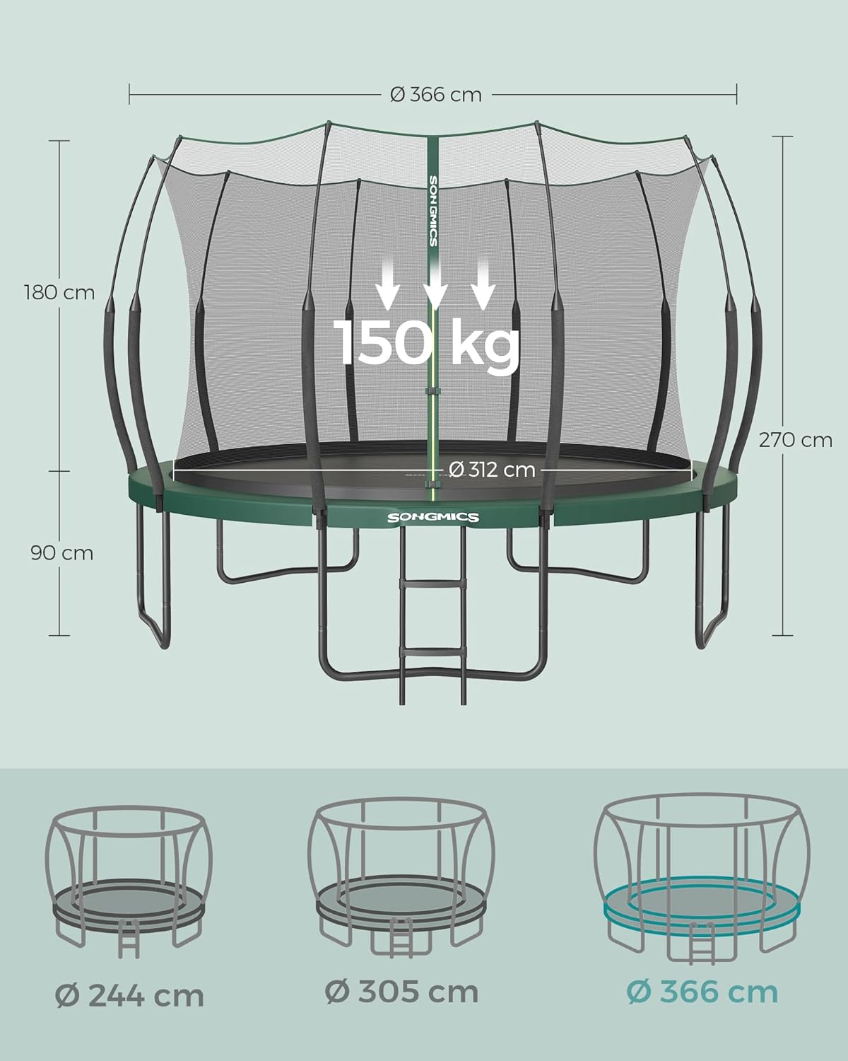 SONGMICS Federloses Trampolin Ø 366 cm. Trampolin Outdoor für Kinder. elastische Seile. Sicherheitsnetz mit Reißverschluss. Glasfaserstangen. sicher. geräuscharm