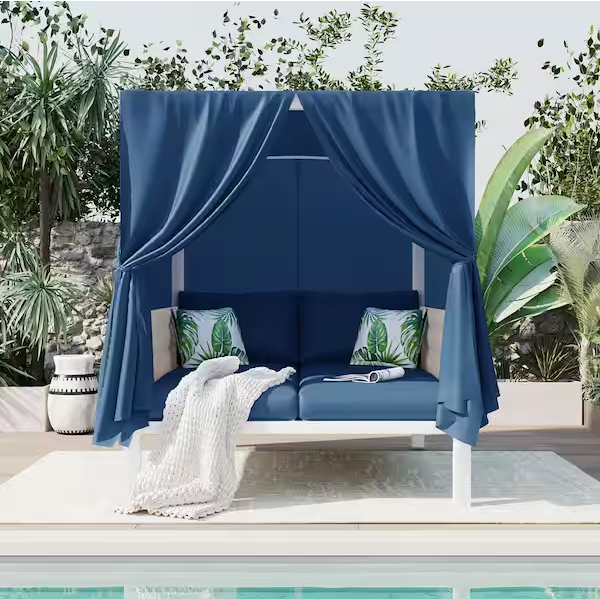 Beige Metal Outdoor Day Bed with Beige Curtains Beige Cushions Suitable for Multiple Scenarios