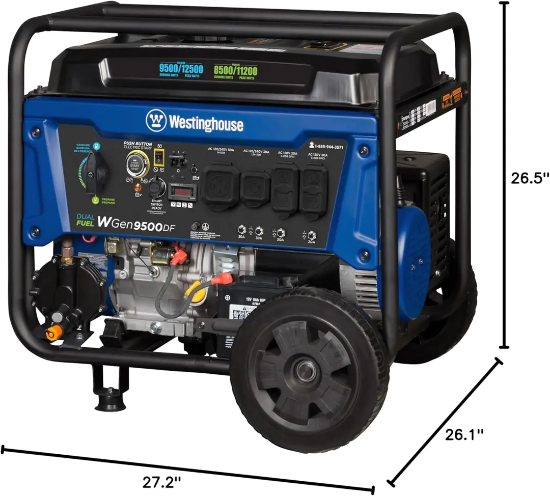 Westinghouse 12500 Watt Dual Fuel Home Backup Portable Generator, Remote Electric Start, Transfer Switch Ready, Gas and Propane Powered