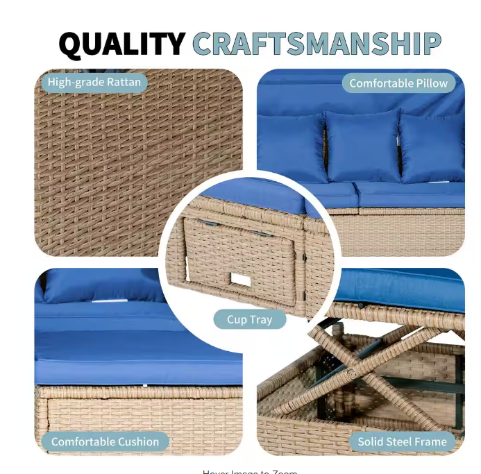 4-piece UV-resistant resin wicker outdoor sofa bed, 3 reclining positions, with cushions and retractable canopy