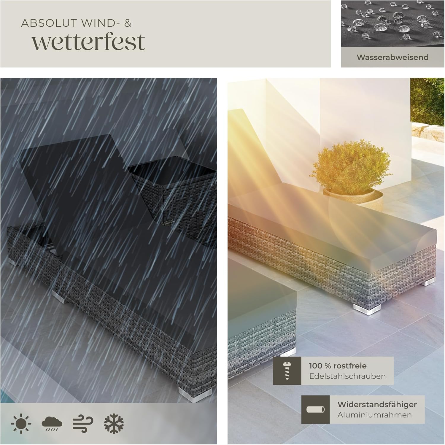 TecTake 403088 Set of 2 Aluminium Polyrattan Sun Lounger + Table incl. Protective covers and 2 cover sets. stainless steel screws. grey