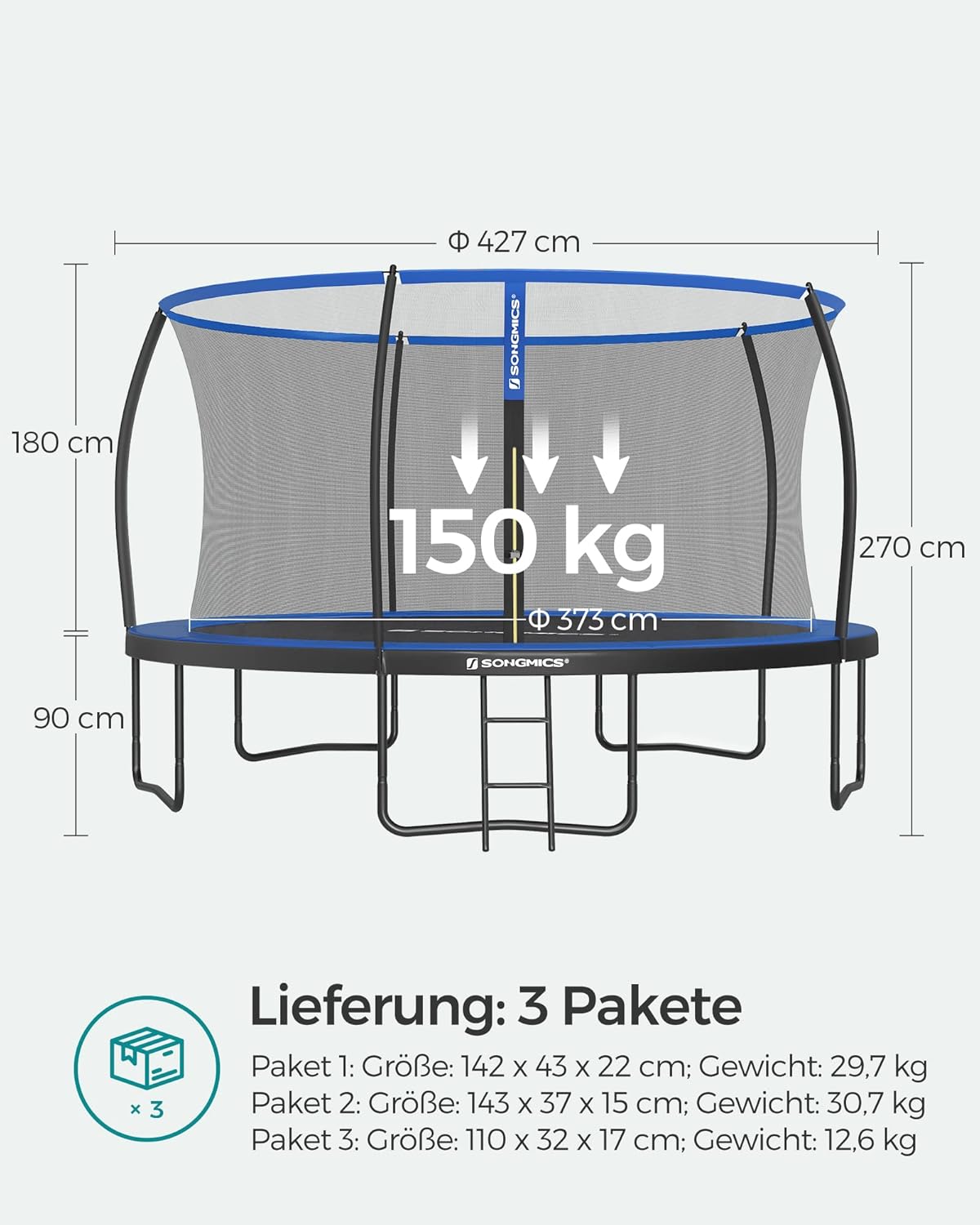 SONGMICS Trampolin Outdoor Ø 427 cm. rundes Gartentrampolin für Kinder mit Sicherheitsnetz. Randabdeckung. Leiter und gepolsterten Stangen