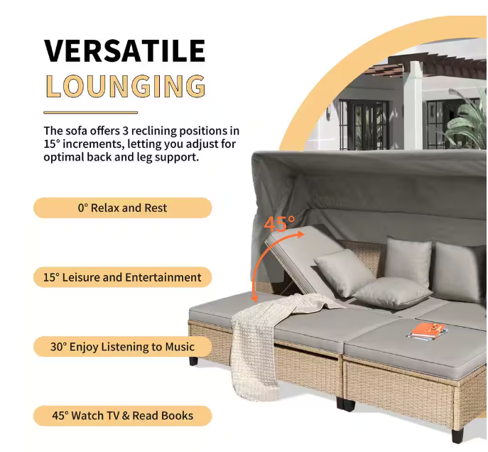 4-piece UV-resistant resin wicker outdoor sofa bed, 3 reclining positions, with cushions and retractable canopy