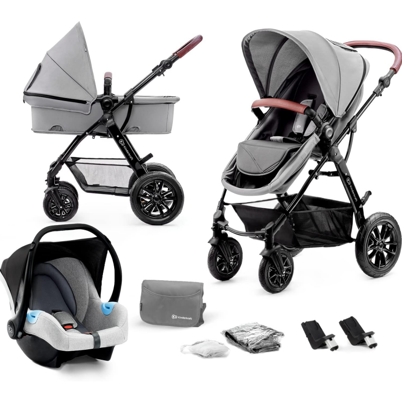 Kinderkraft MOOV 3 in 1 Stroller, Cane Stroller, Trio, Baby Stroller, Baby Pram, With Car Seat, Accessories, Universal Adapters, Carrycot, Big Wheels, 25kg,