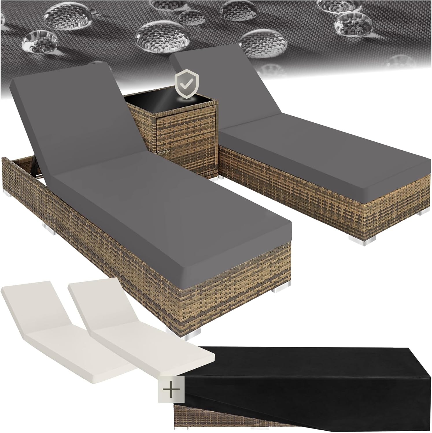 TecTake 403088 Set of 2 Aluminium Polyrattan Sun Lounger + Table incl. Protective covers and 2 cover sets. stainless steel screws. grey