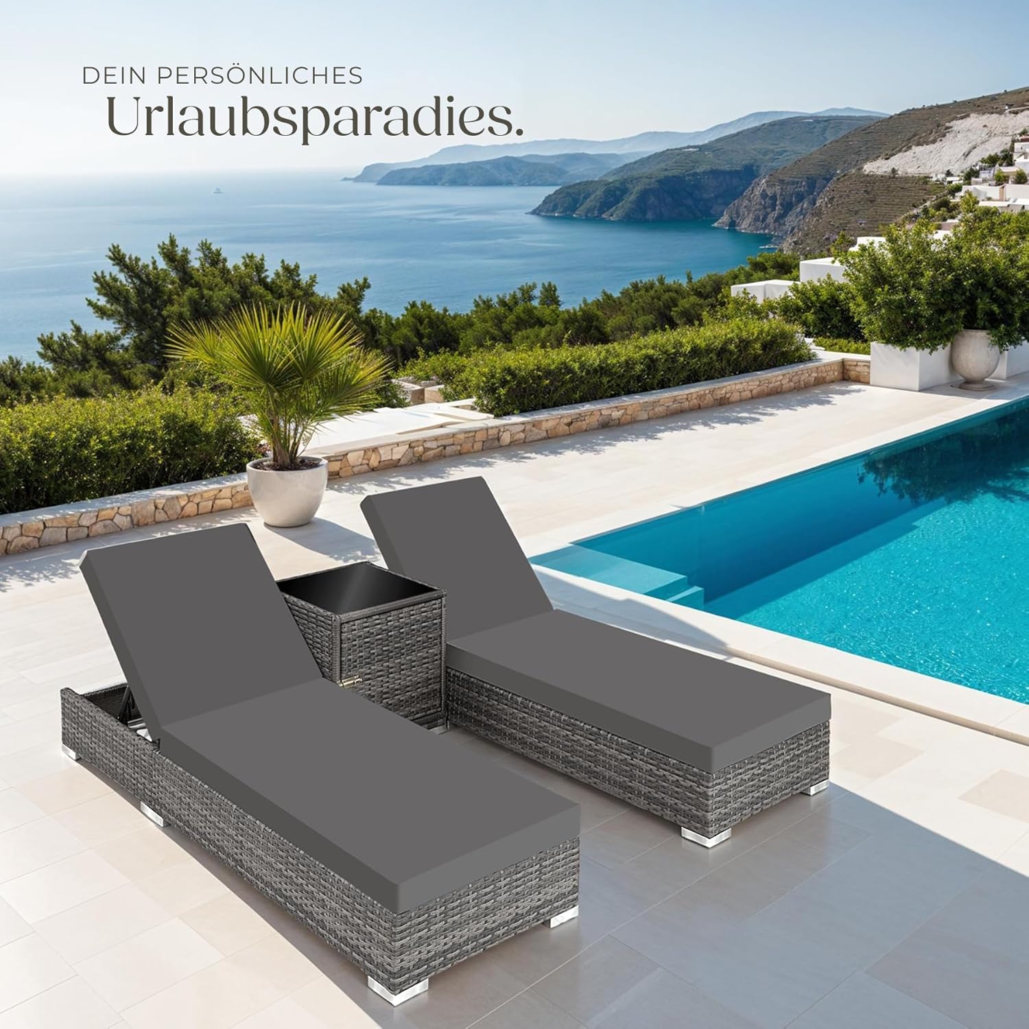 TecTake 403088 Set of 2 Aluminium Polyrattan Sun Lounger + Table incl. Protective covers and 2 cover sets. stainless steel screws. grey