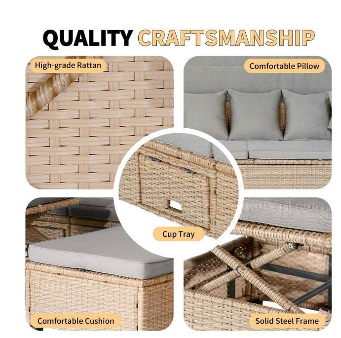 4-piece UV-resistant resin wicker outdoor sofa bed, 3 reclining positions, with cushions and retractable canopy