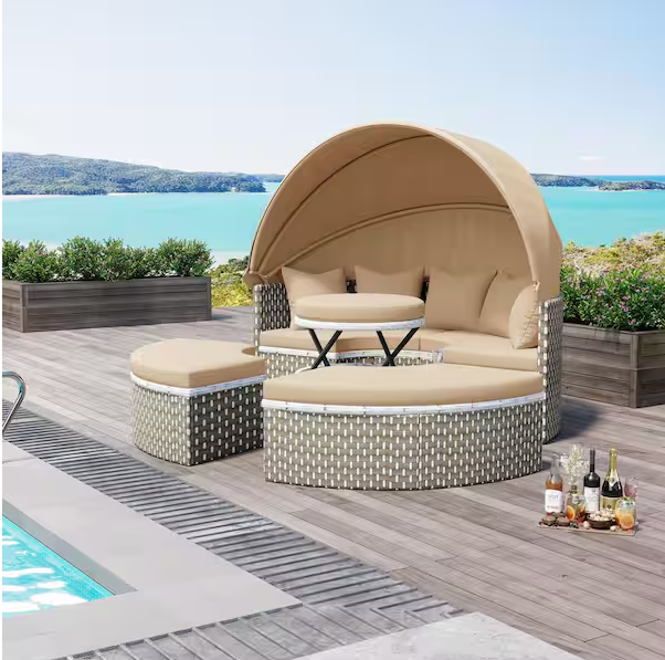 Metal Outdoor Sectional Sofa Set Rattan Daybed 2-Tone Weave Sunbed with Retractable Canopy and Removable Cushion