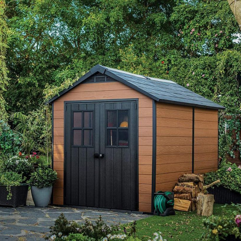 Keter Newton 7.5x11 Large Resin Outdoor Storage Shed Kit – Perfect to Store Patio Furniture. Garden Tools. Bike Accessories. and Lawn Mower. Mahogany Brown
