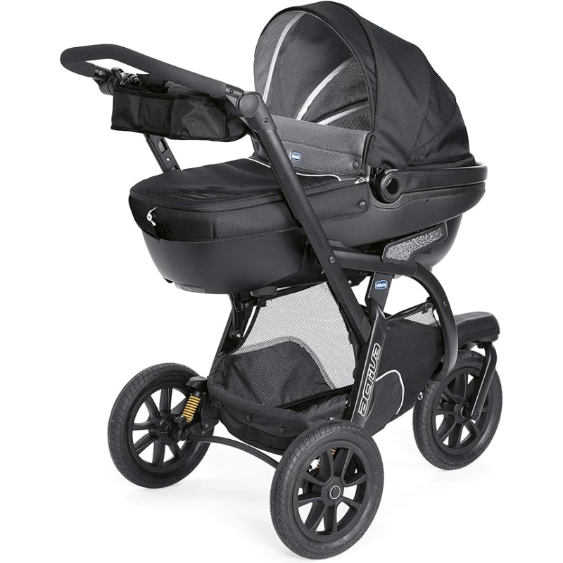 Chicco Trio Activ3 3 in 1 Stroller with Car Travel Set, 3-Wheel Reclining Cane, Pram/Carrycot and Baby Car Seat Group 0+, with Folding and Compact Closure - Black