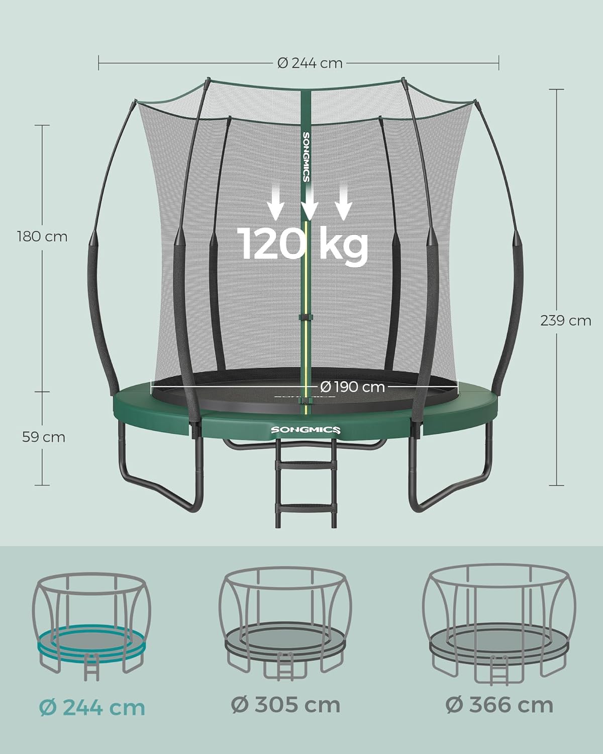 SONGMICS Federloses Trampolin Ø 244 cm. Trampolin Outdoor für Kinder. elastische Seile. Sicherheitsnetz mit Reißverschluss. Glasfaserstangen. sicher. geräuscharm