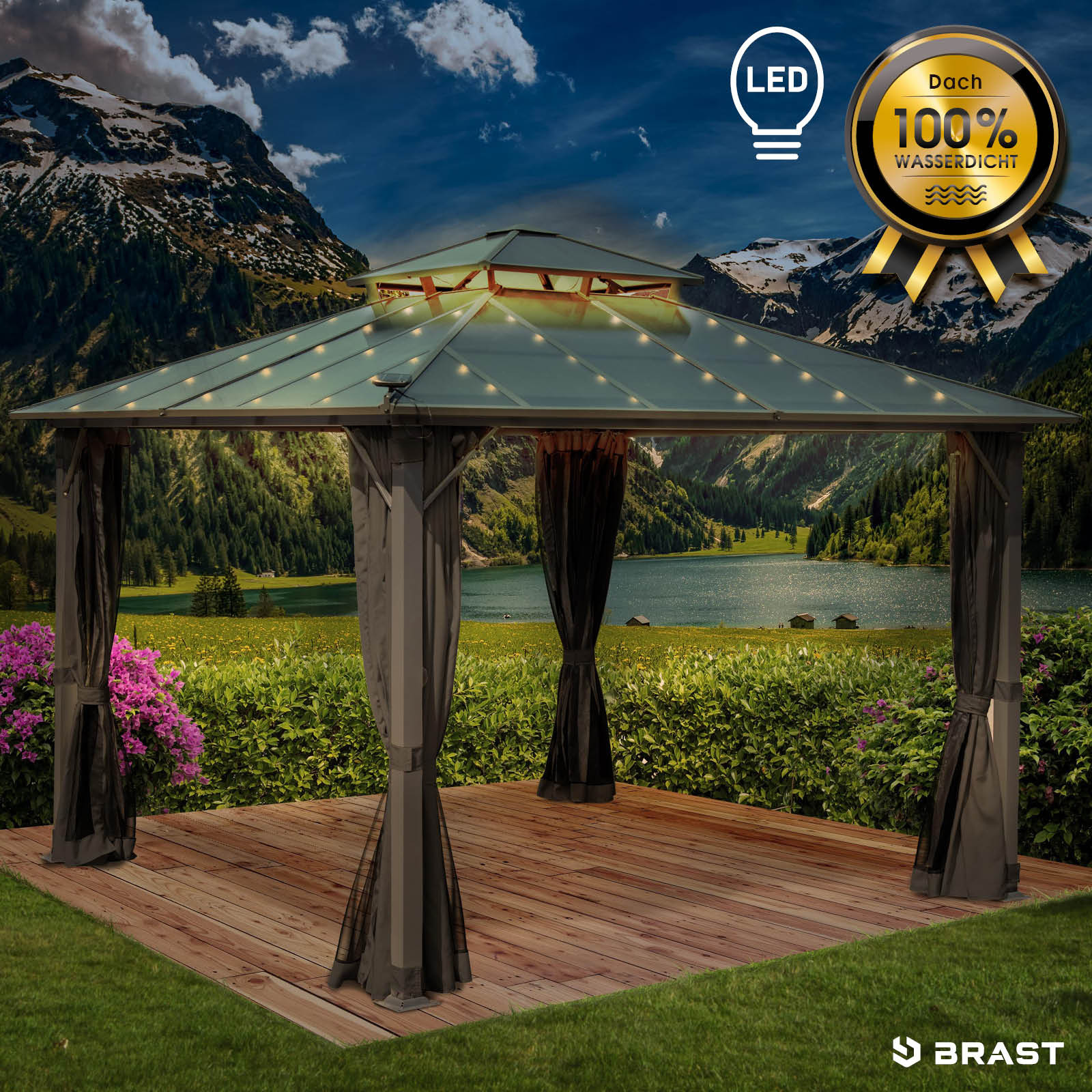 BRAST Alu Pavillon PAGODE 3.5x3.5m beige mit Moskitonetz & LED-Beleuchtung