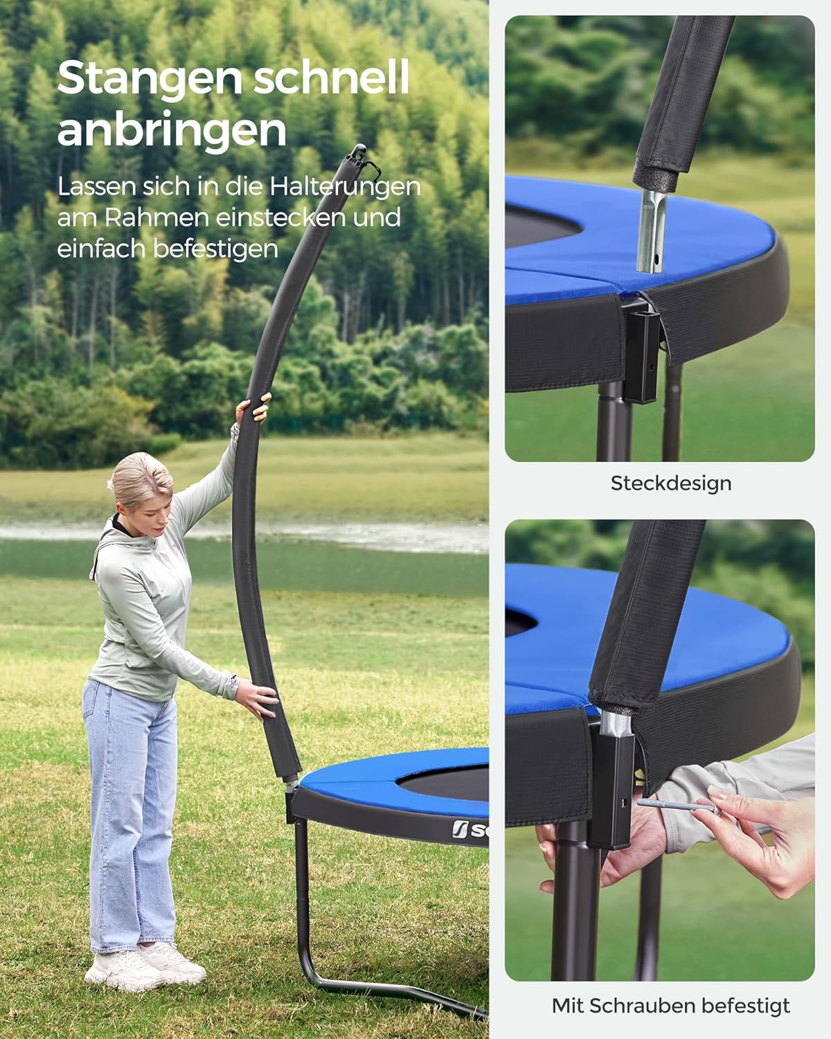 SONGMICS Trampolin Outdoor Ø 244 cm. rundes Gartentrampolin für Kinder mit Sicherheitsnetz. Randabdeckung. Leiter und gepolsterten Stangen