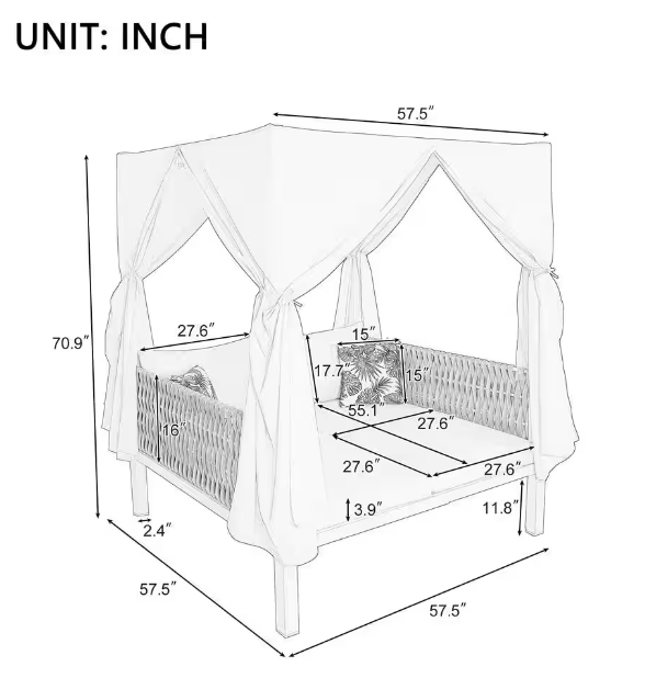 Beige Metal Outdoor Day Bed with Beige Curtains Beige Cushions Suitable for Multiple Scenarios