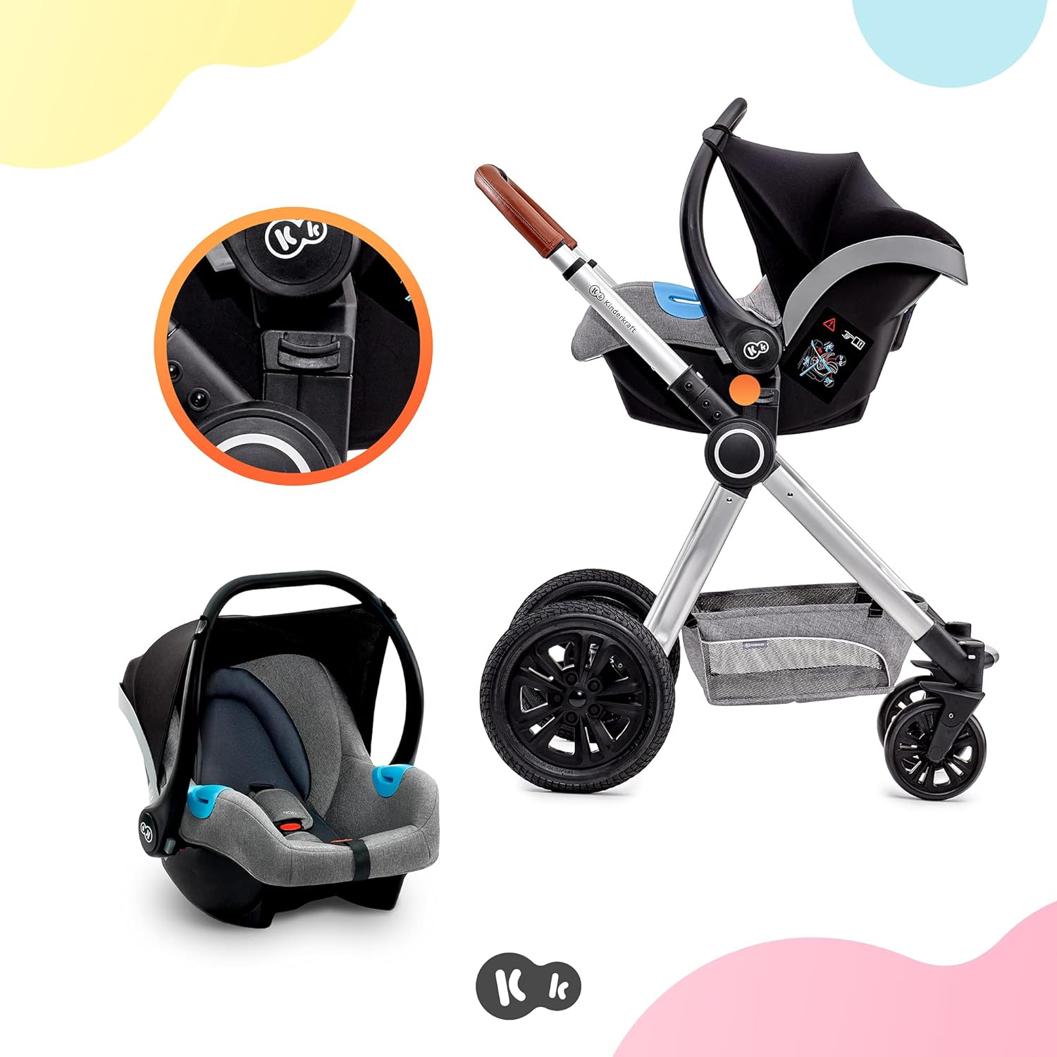 Kinderkraft VEO 3 in 1 Stroller, Combination Stroller, Compact, Pushchair, Pram, Carrycot, With Car Seat, With Accessories, Adapters, 15kg, Gray