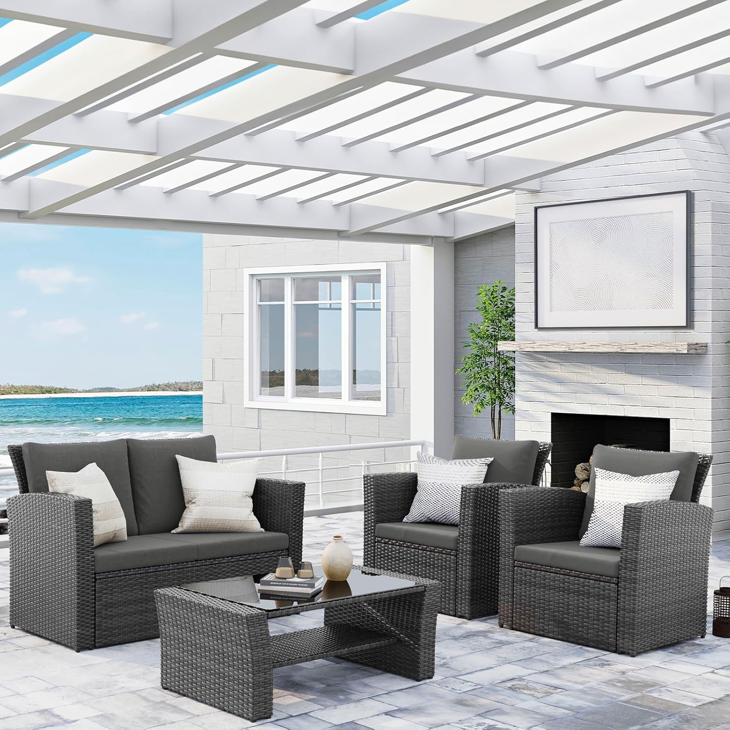 Wisteria Lane 4 Piece Outdoor Patio Furniture Sets. Wicker Conversation Set for Porch Deck. Grey Rattan Sofa Chair with Cushion