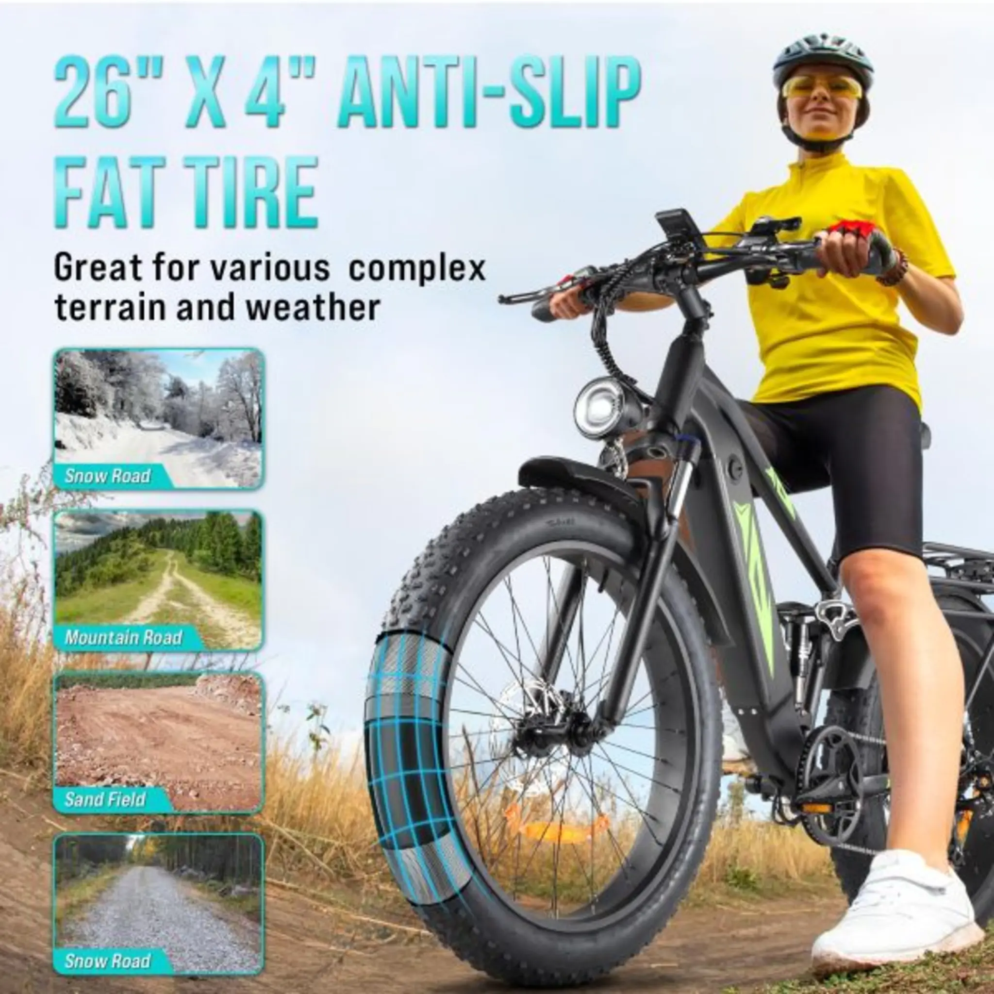 Electric Bike for Adults 1000W, 48V 17.5AH Battery Adult Electric Bicycles, 26 Fat Tire Full Suspension Ebike, 28MPH Mountain Beach E Bike, 7 Speed, 60Miles Range, UL Certified