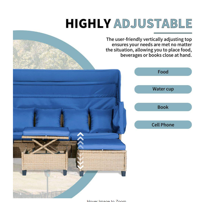 4-piece UV-resistant resin wicker outdoor sofa bed, 3 reclining positions, with cushions and retractable canopy