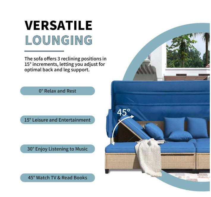 4-piece UV-resistant resin wicker outdoor sofa bed, 3 reclining positions, with cushions and retractable canopy